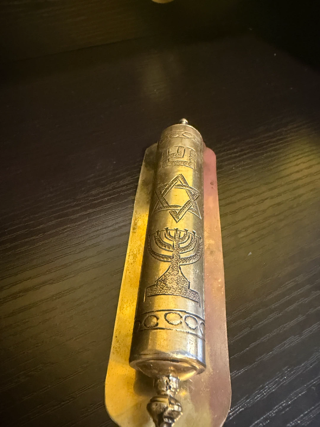 Brass Mezuzah Case with Engraved Symbols