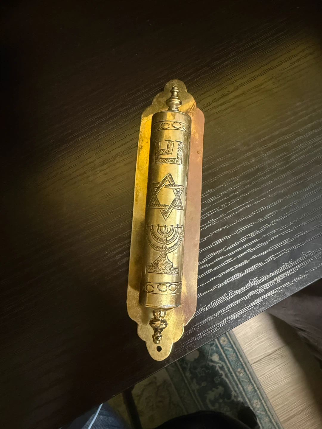 Brass Mezuzah Case with Engraved Symbols - photo 2