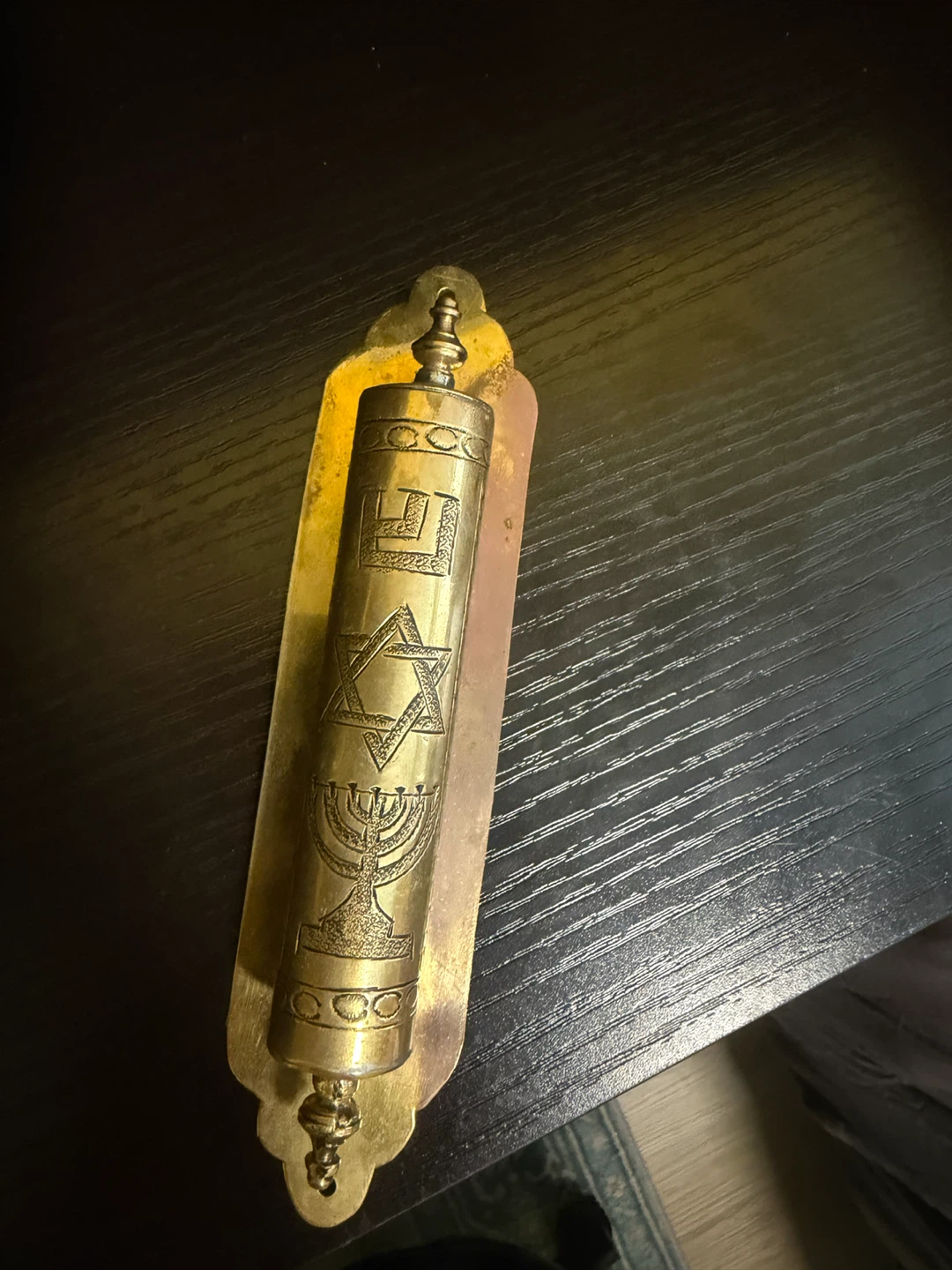 Brass Mezuzah Case with Engraved Symbols - photo 3
