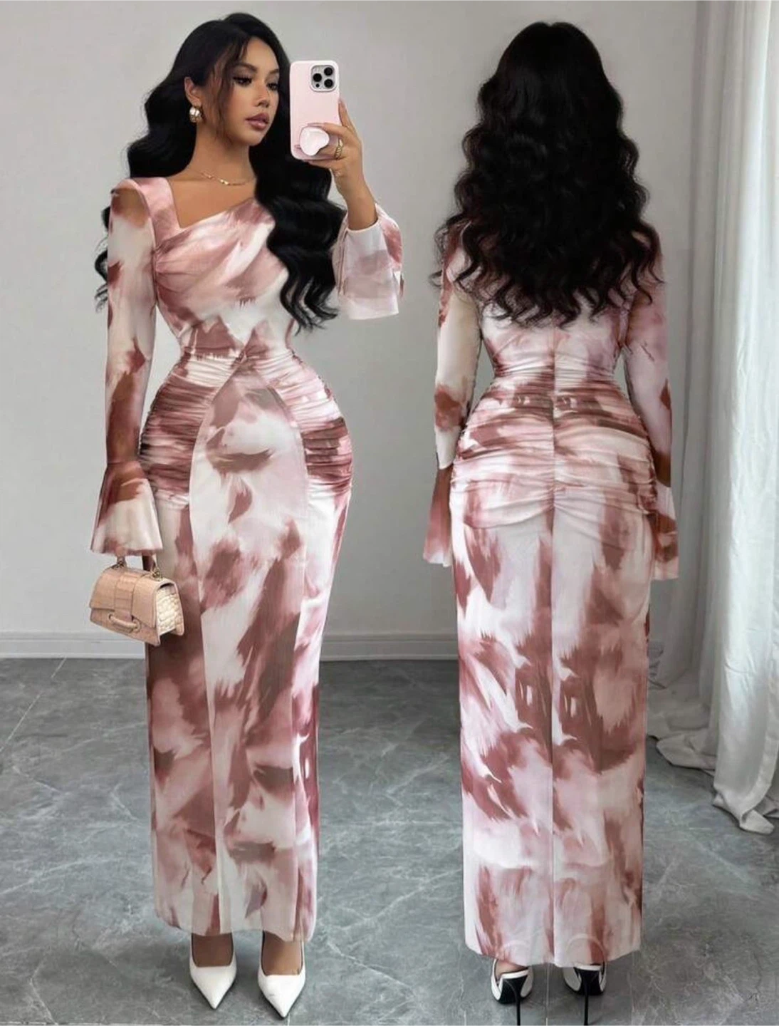 LARGE Long Sleeve Marble Print Ruched Maxi Dress