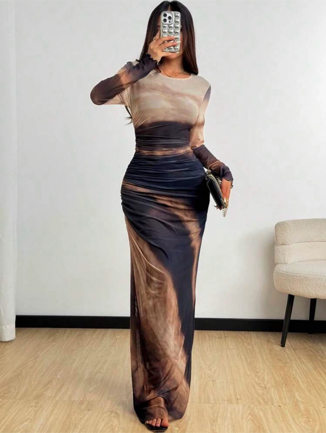 LARGE Women's Long Sleeve Ruched Maxi Dress