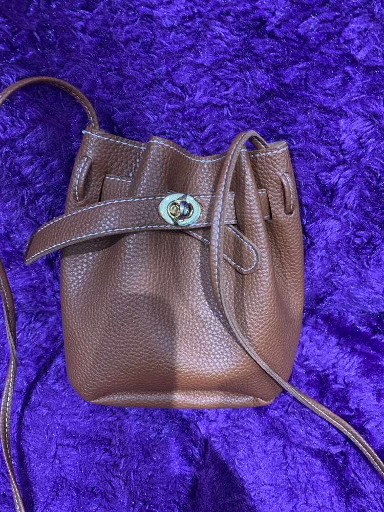 Brown Faux Leather Drawstring Bucket Bag
