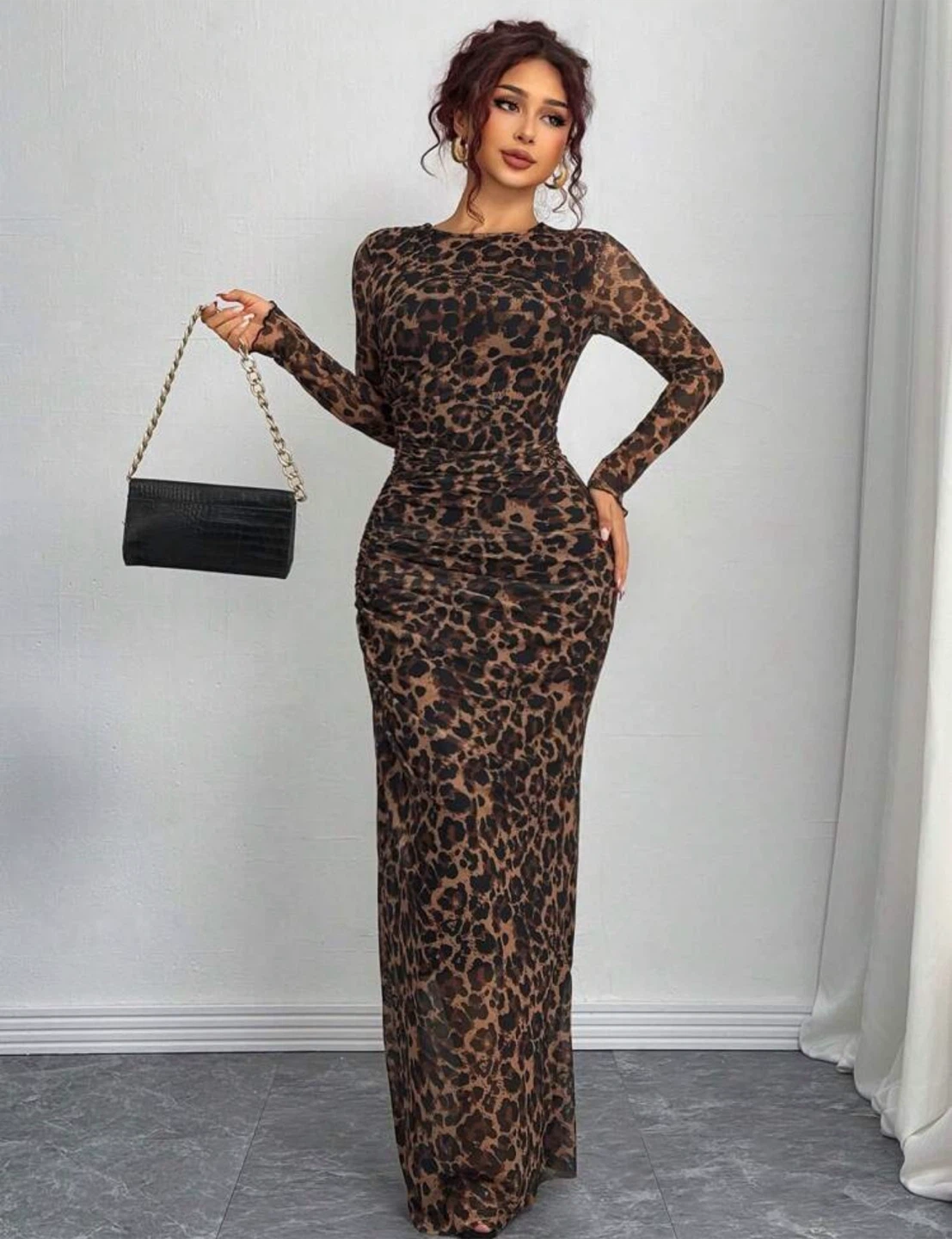 LARGE Women's Long Sleeve Mesh Leopard Print Ruched Maxi Dress