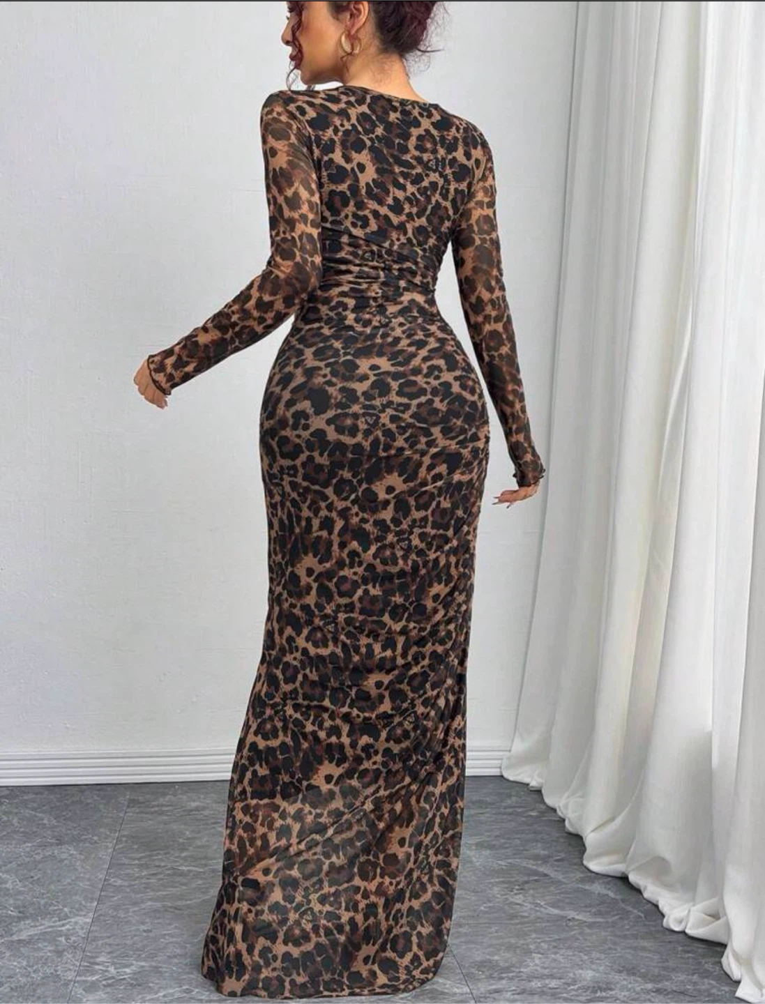 LARGE Women's Long Sleeve Mesh Leopard Print Ruched Maxi Dress - photo 2