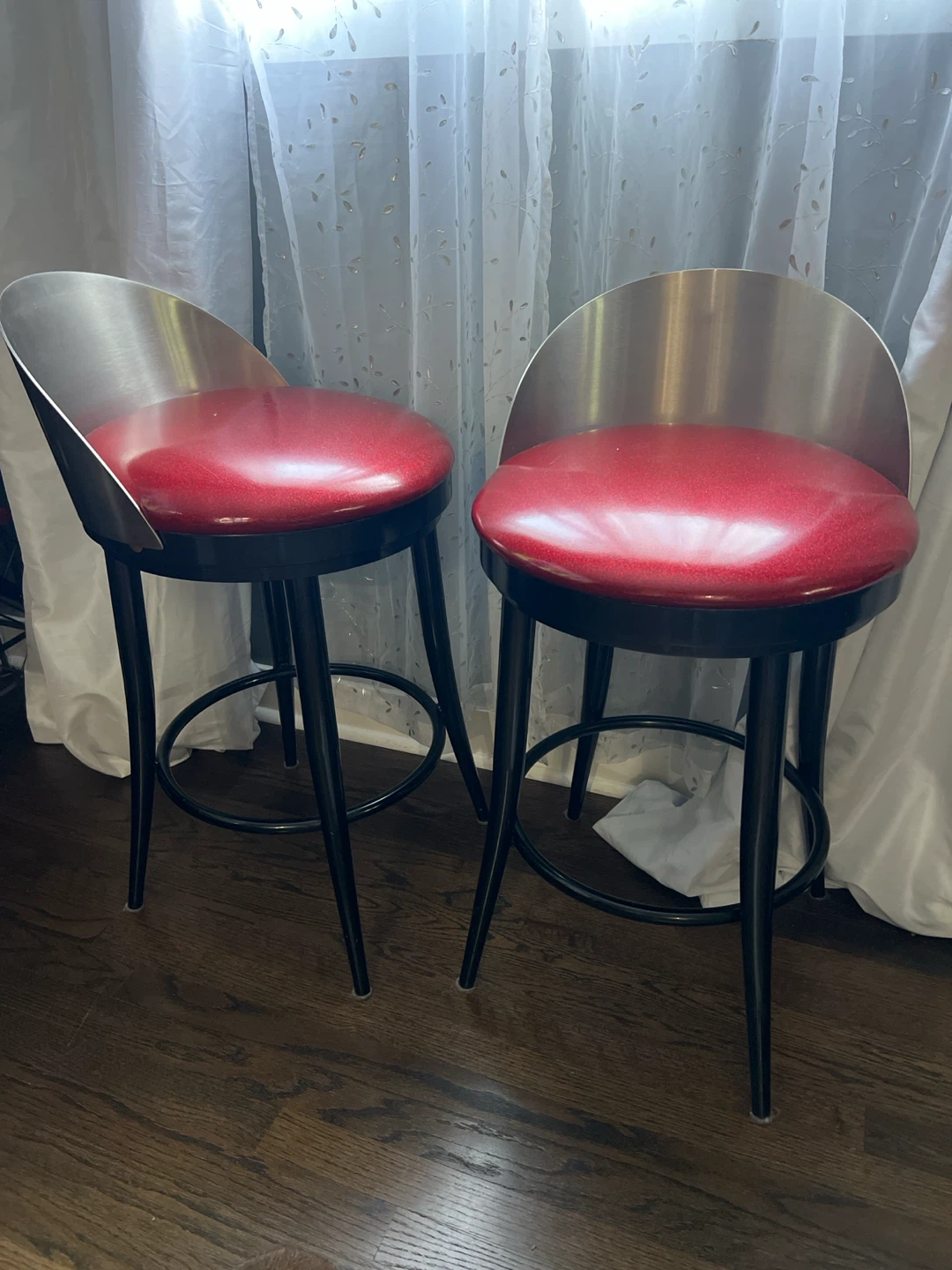 Set of 2 Red Swivel Bar Stools with Silver Backs