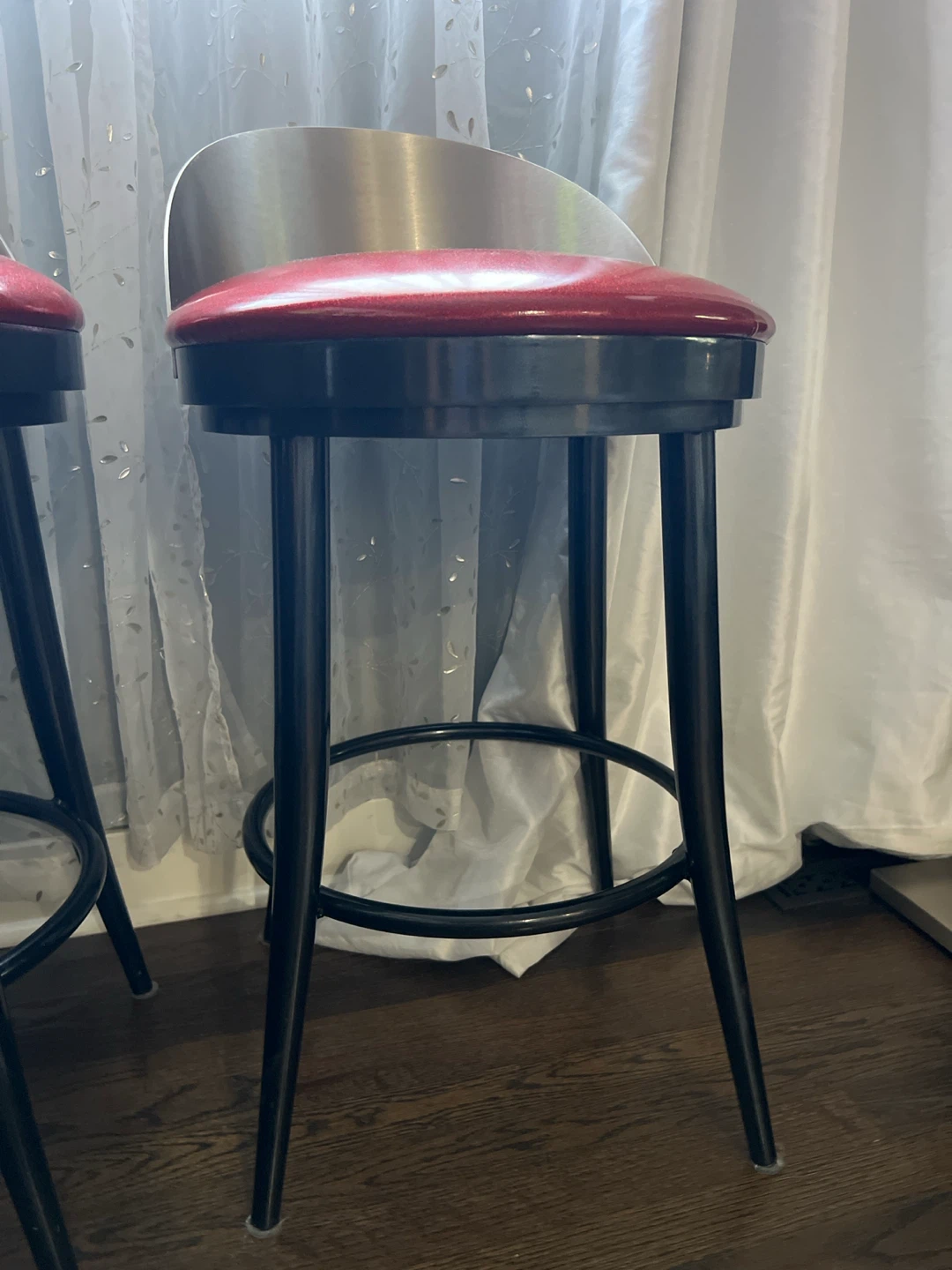 Set of 2 Red Swivel Bar Stools with Silver Backs - photo 4
