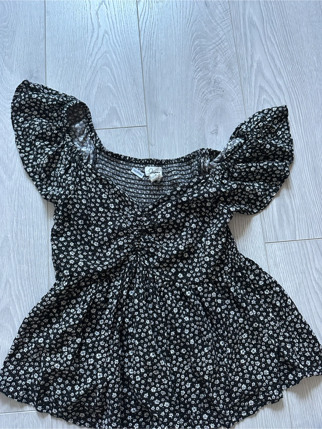 Black Floral Smocked Top Size S