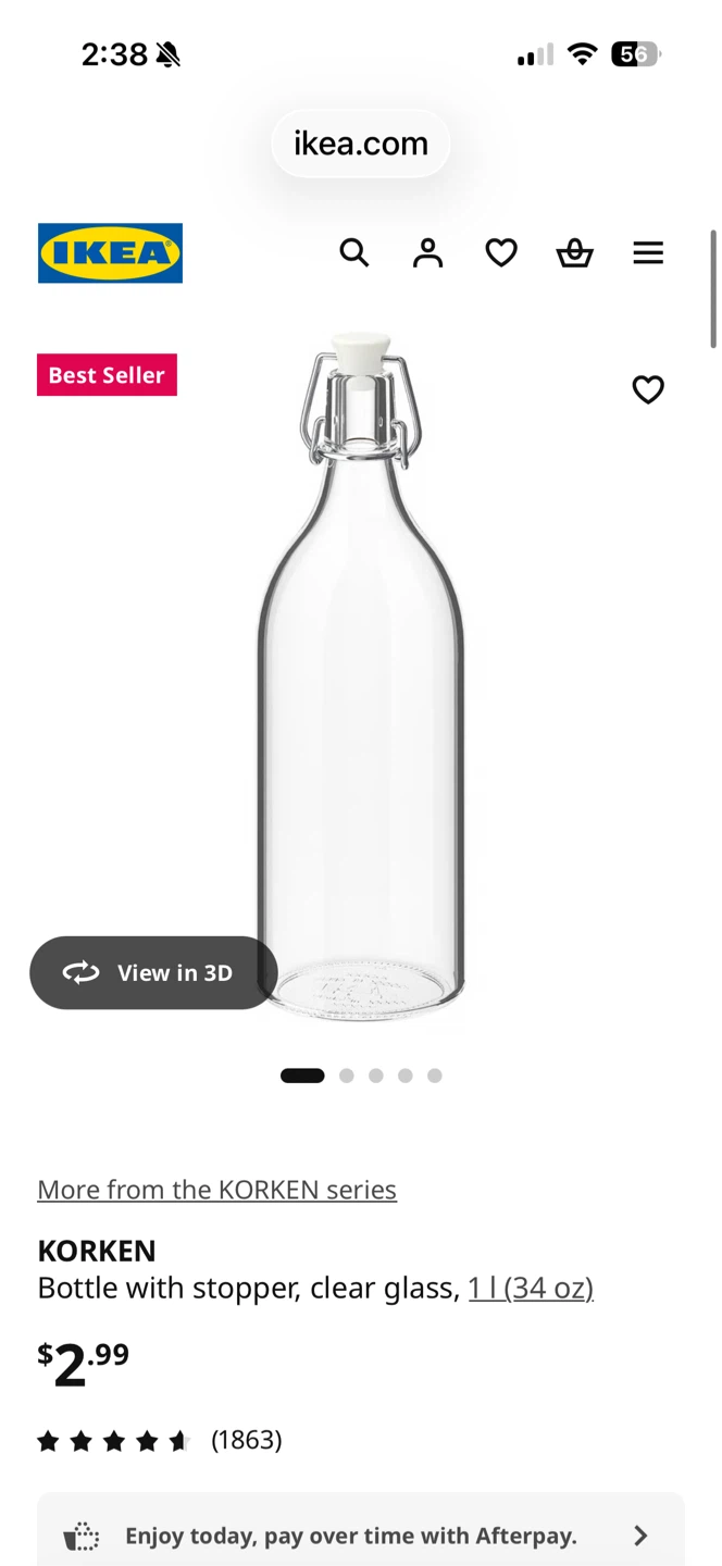 IKEA KORKEN Bottle with Stopper, Clear Glass, 1 L