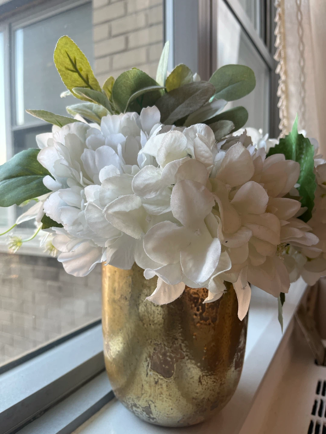 White Hydrangea Artificial Flowers in Gold Vase