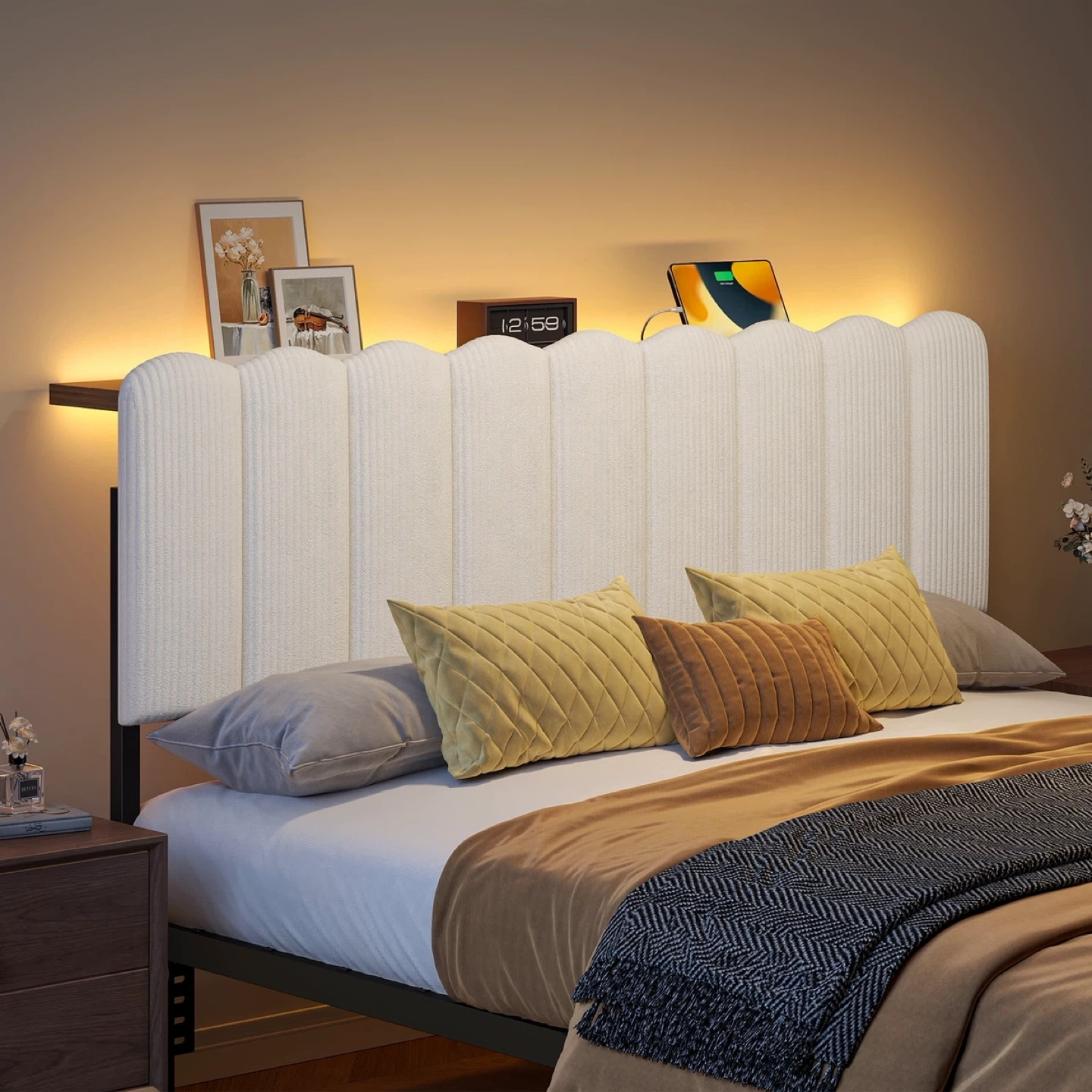 Pinmoco Full Headboard with Storage Shelf, LED Light bed