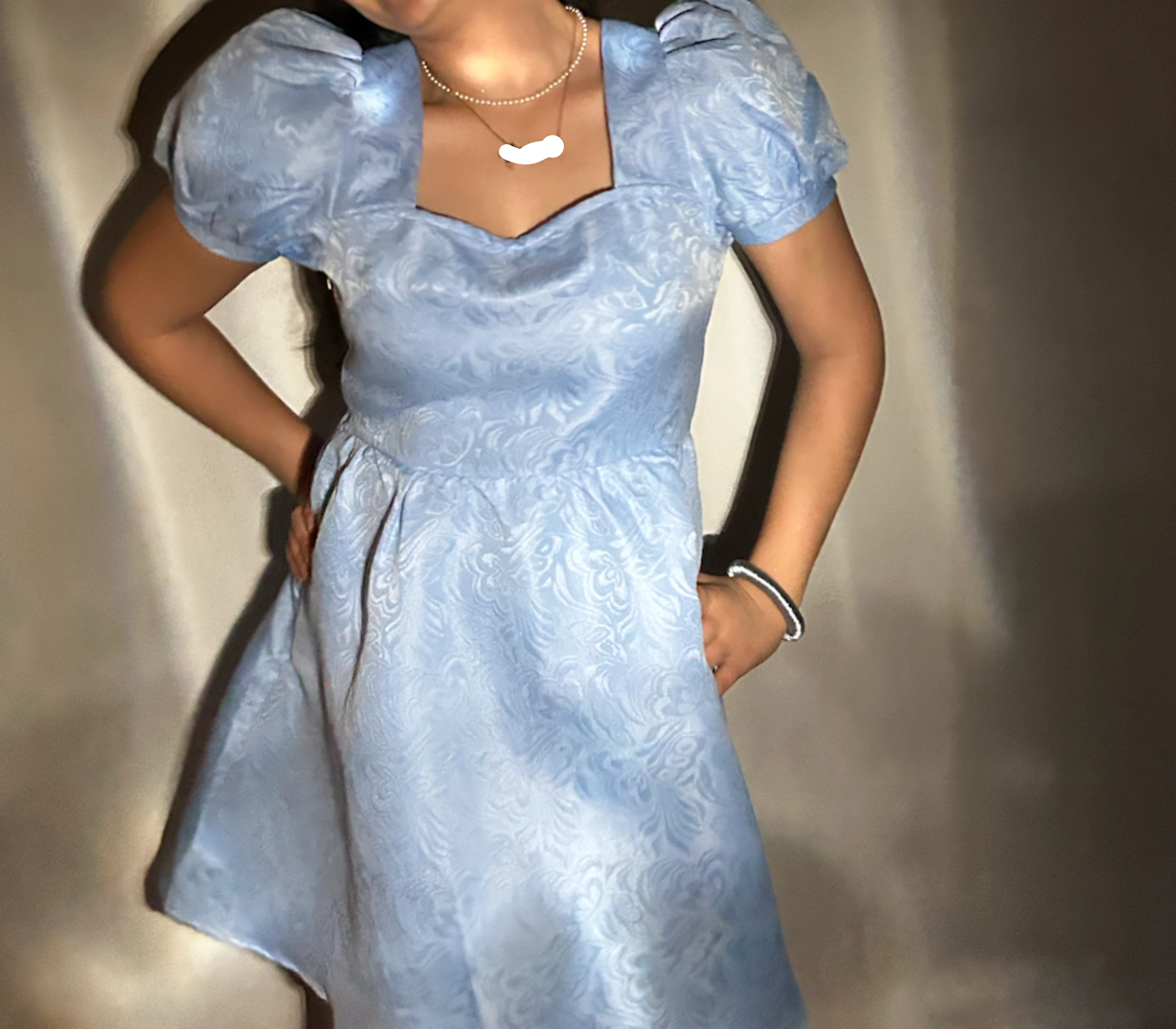 Light Blue Puff Sleeve Brocade Dress - photo 2