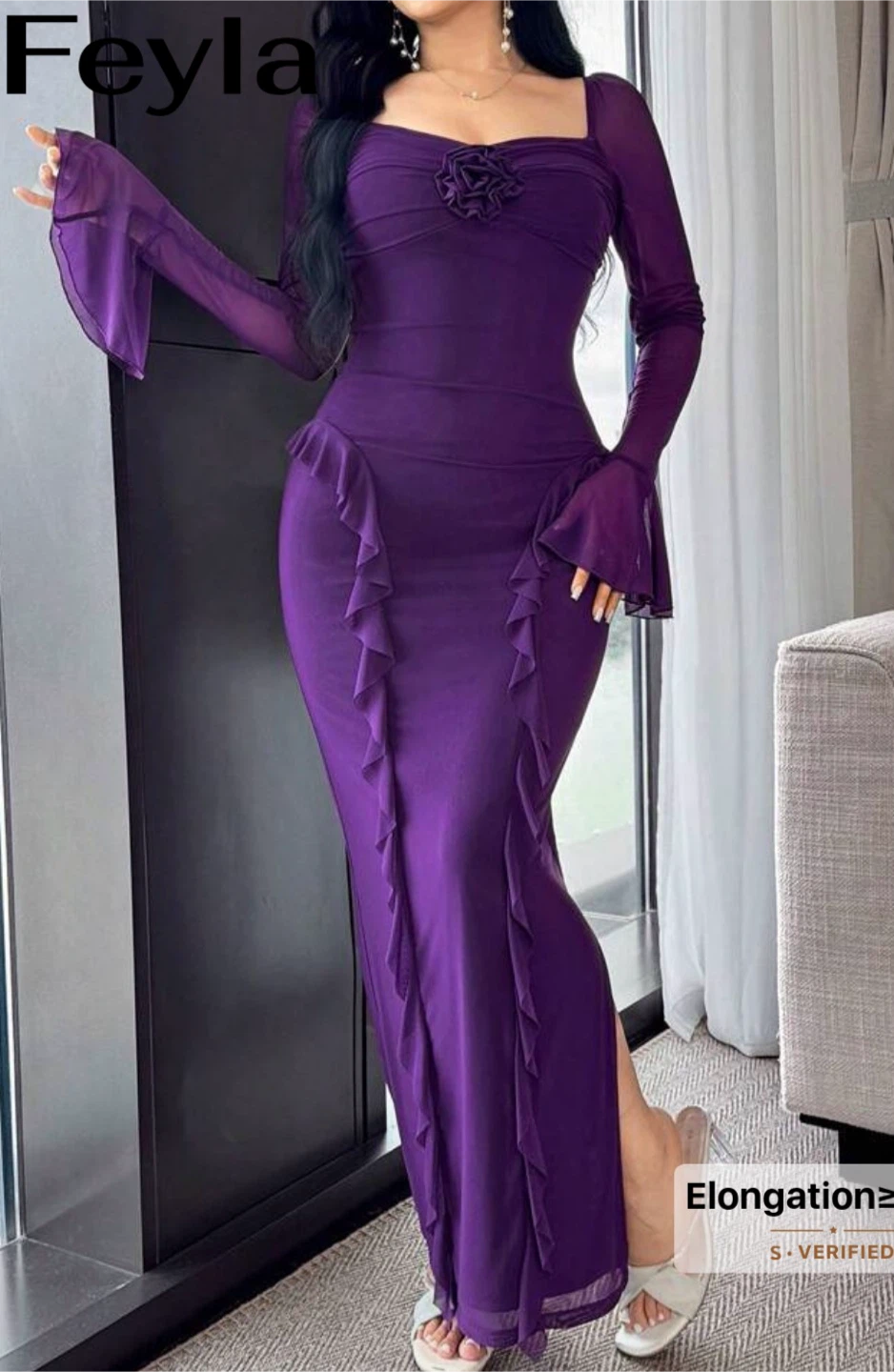 Purple Ruffle Detail Mesh Maxi Dress