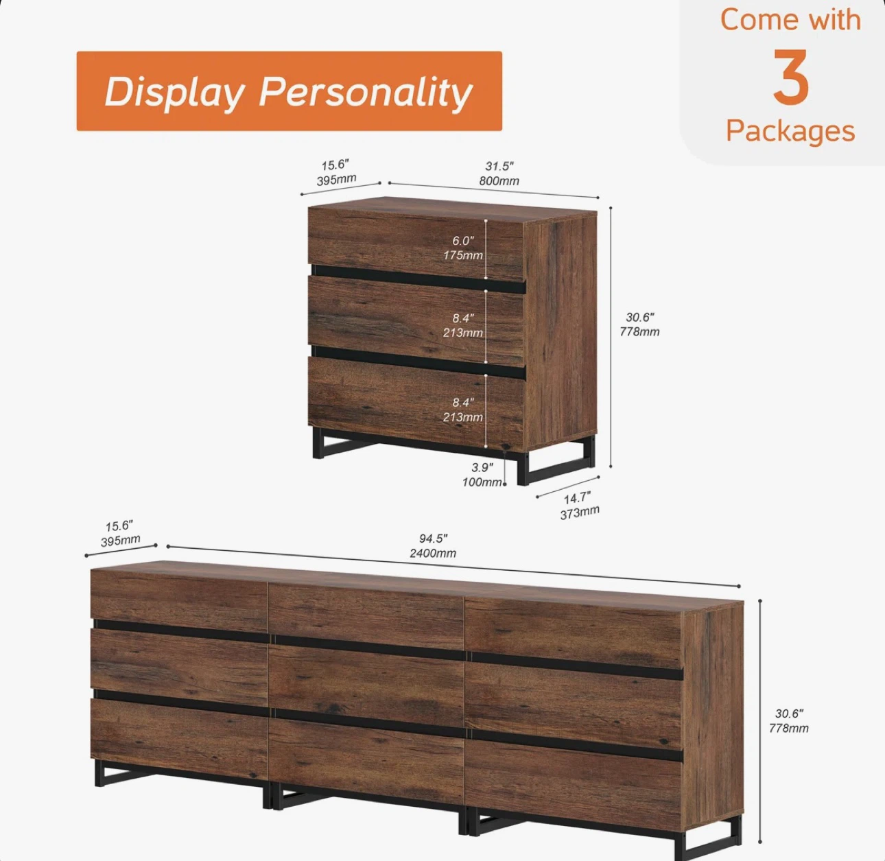 94.5" W 9-Drawer Double Dresser with Metal Base - photo 5