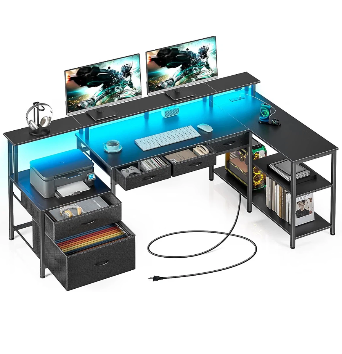 Black L-Shaped Computer Desk with Shelving and Drawers - photo 2