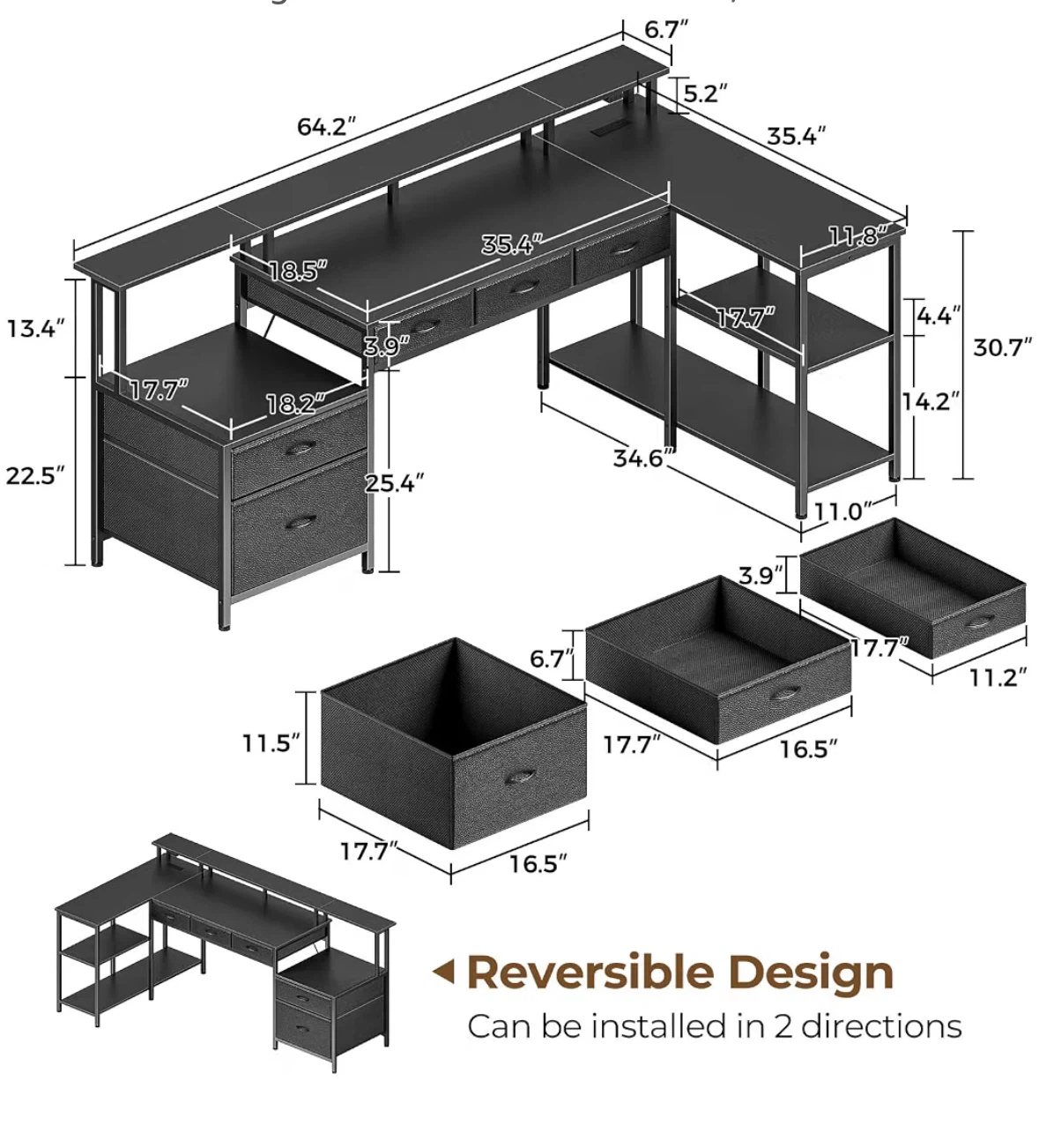 Black L-Shaped Computer Desk with Shelving and Drawers - photo 3