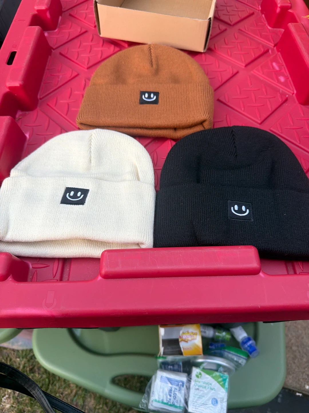 3 Beanies - Black, White, Brown Smiley Face