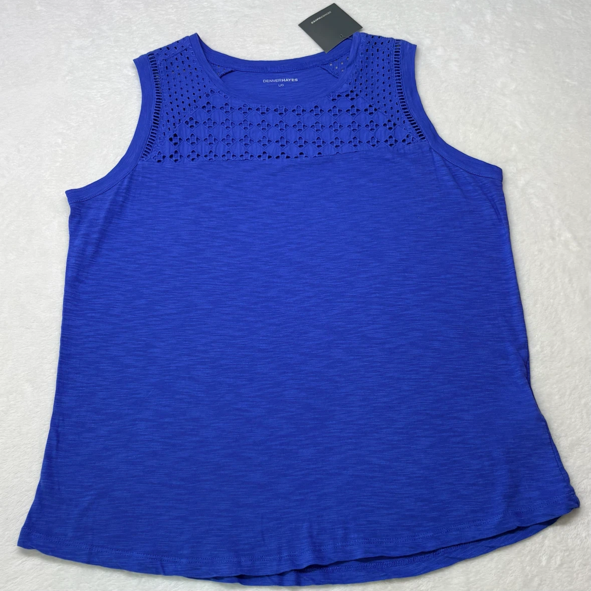 Denver Hayes Blue Eyelet Lace Slub Knit Sleeveless Top Size L - photo 3