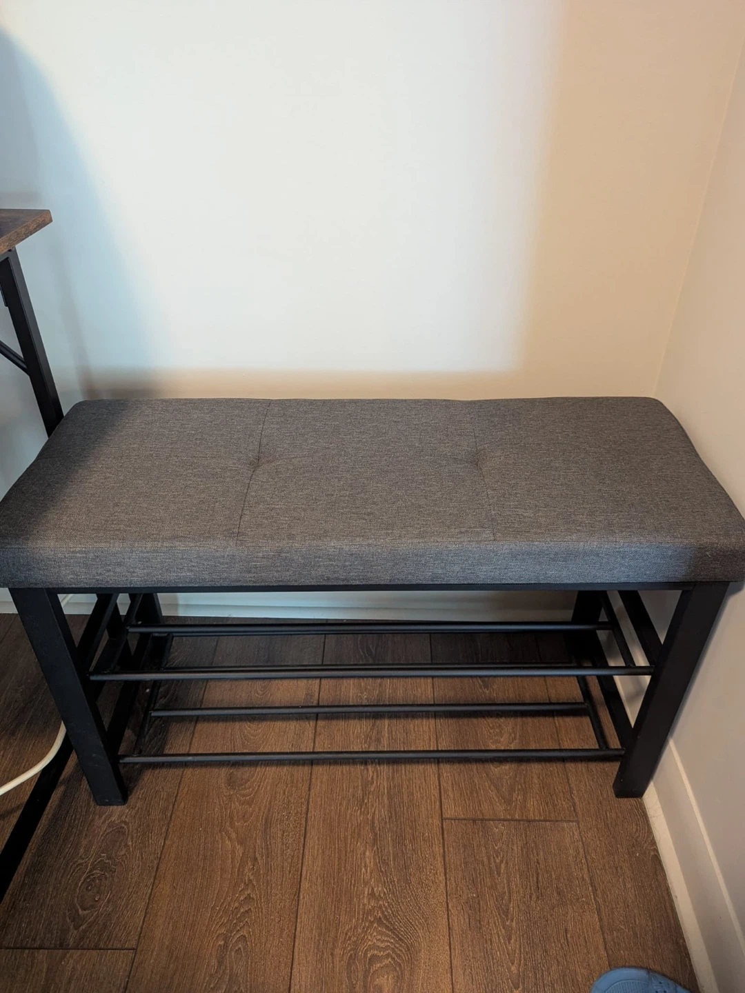 Grey Upholstered Shoe Bench with Two Shelves