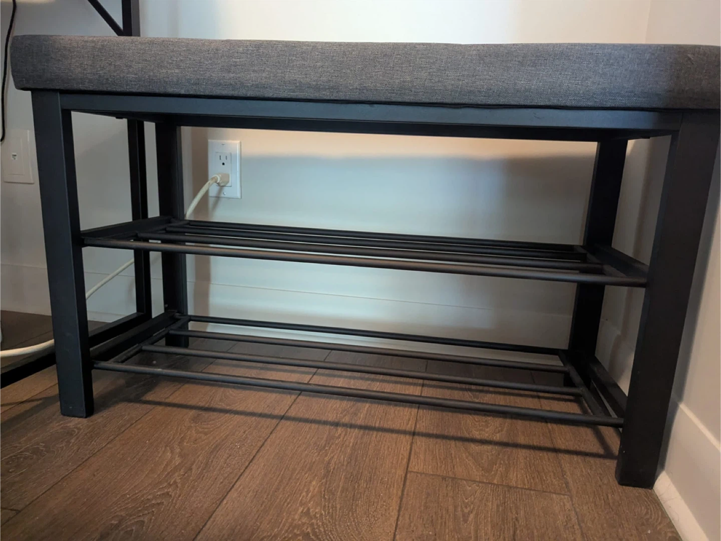 Grey Upholstered Shoe Bench with Two Shelves - photo 3
