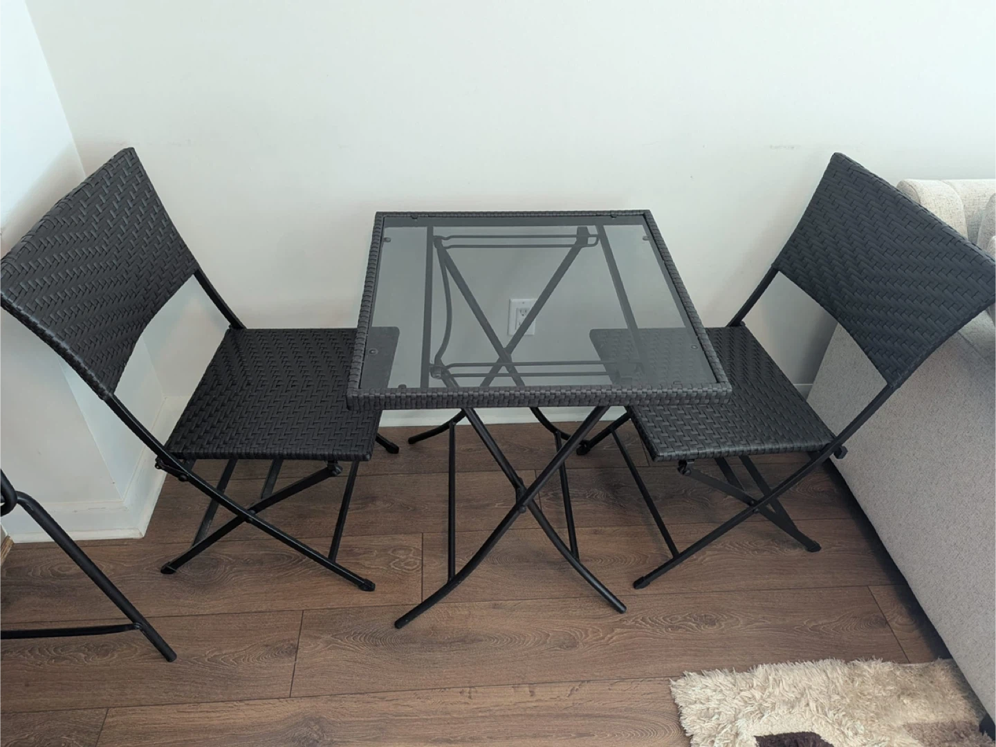 Folding Bistro Set with Glass Top Table and Wicker Chairs