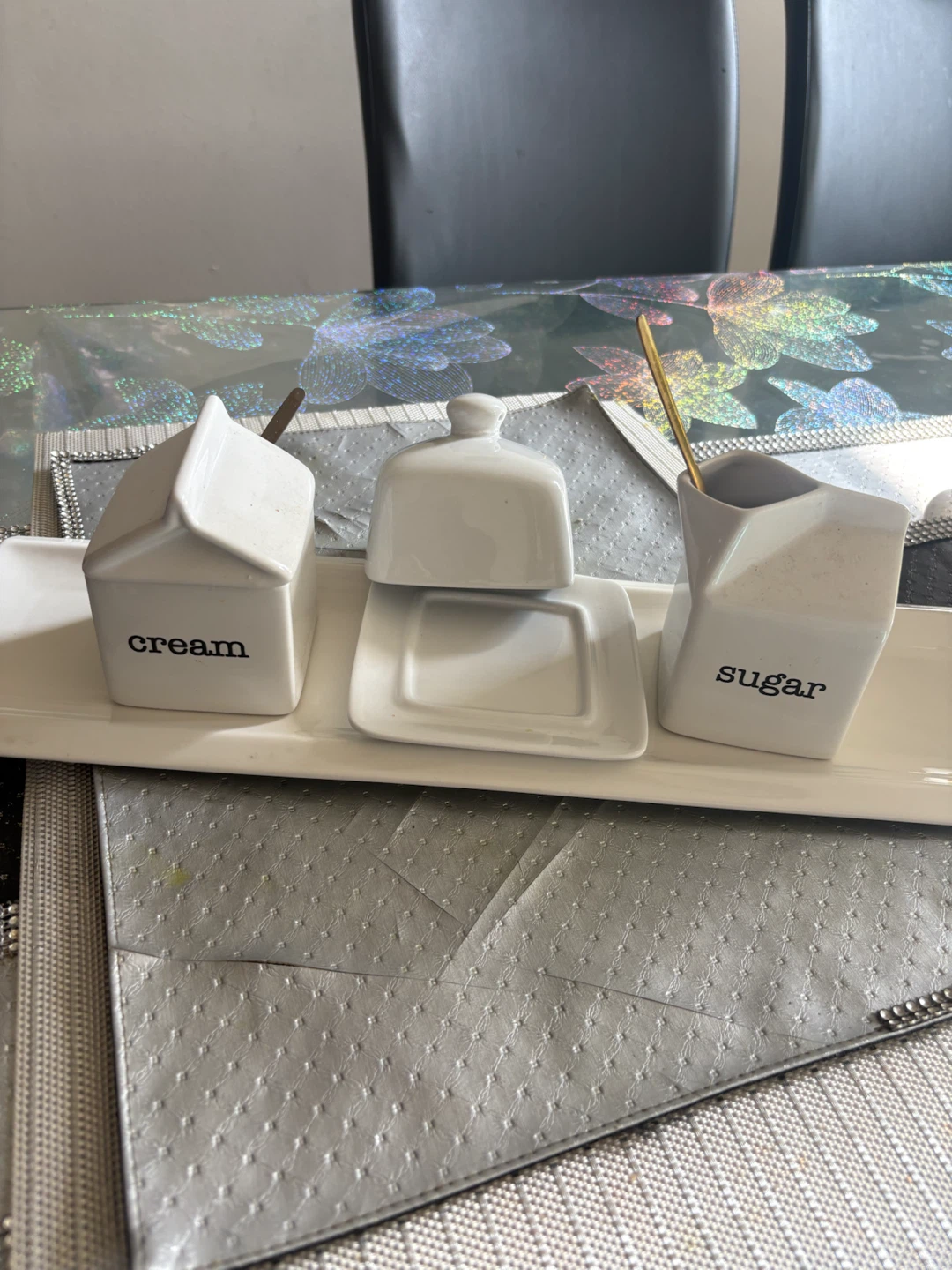White Ceramic Cream and Sugar Set with Butter Dish