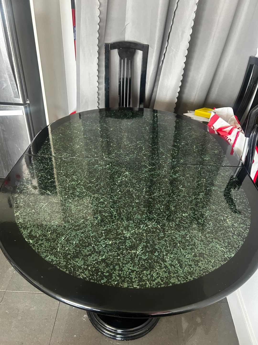 Oval Dining Table with Green Marble Pattern Top with 4 chairs