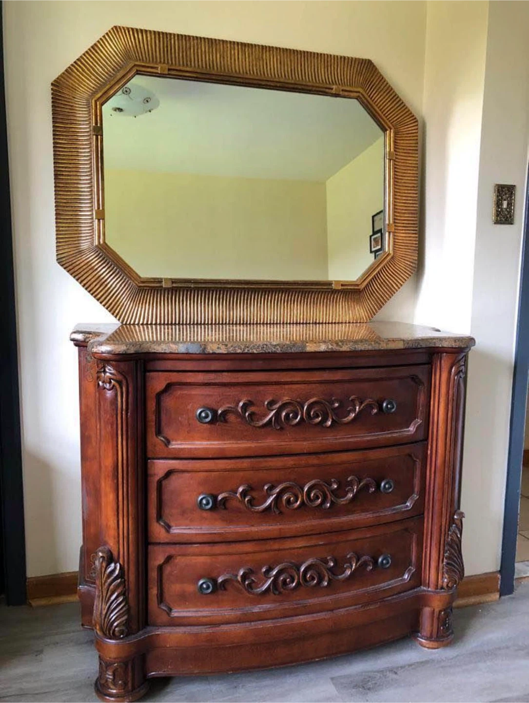 Antique Style Wooden Dresser with Octagonal Mirror