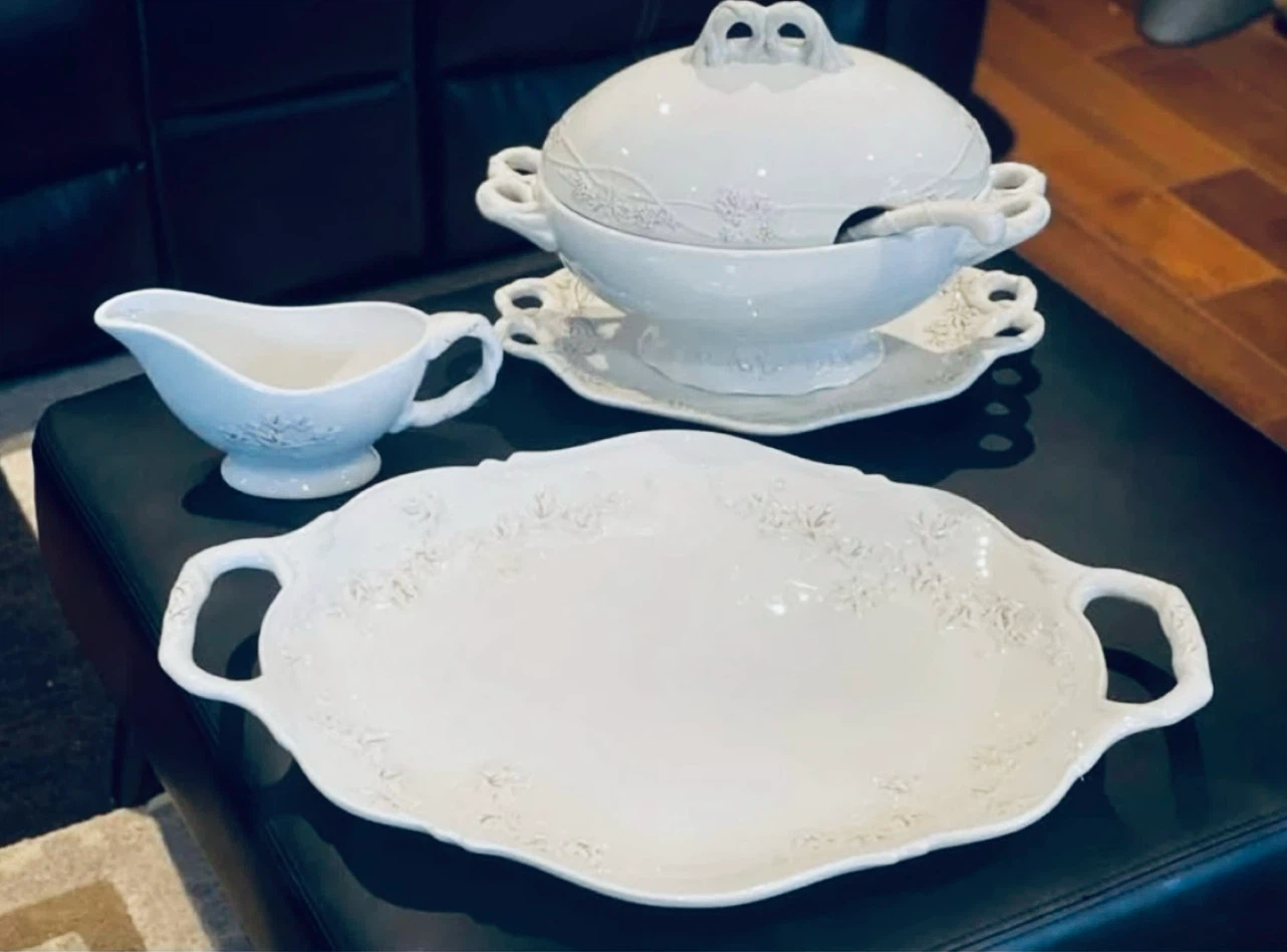 White Ceramic Serving Set - Tureen and Gravy Boat, large platter