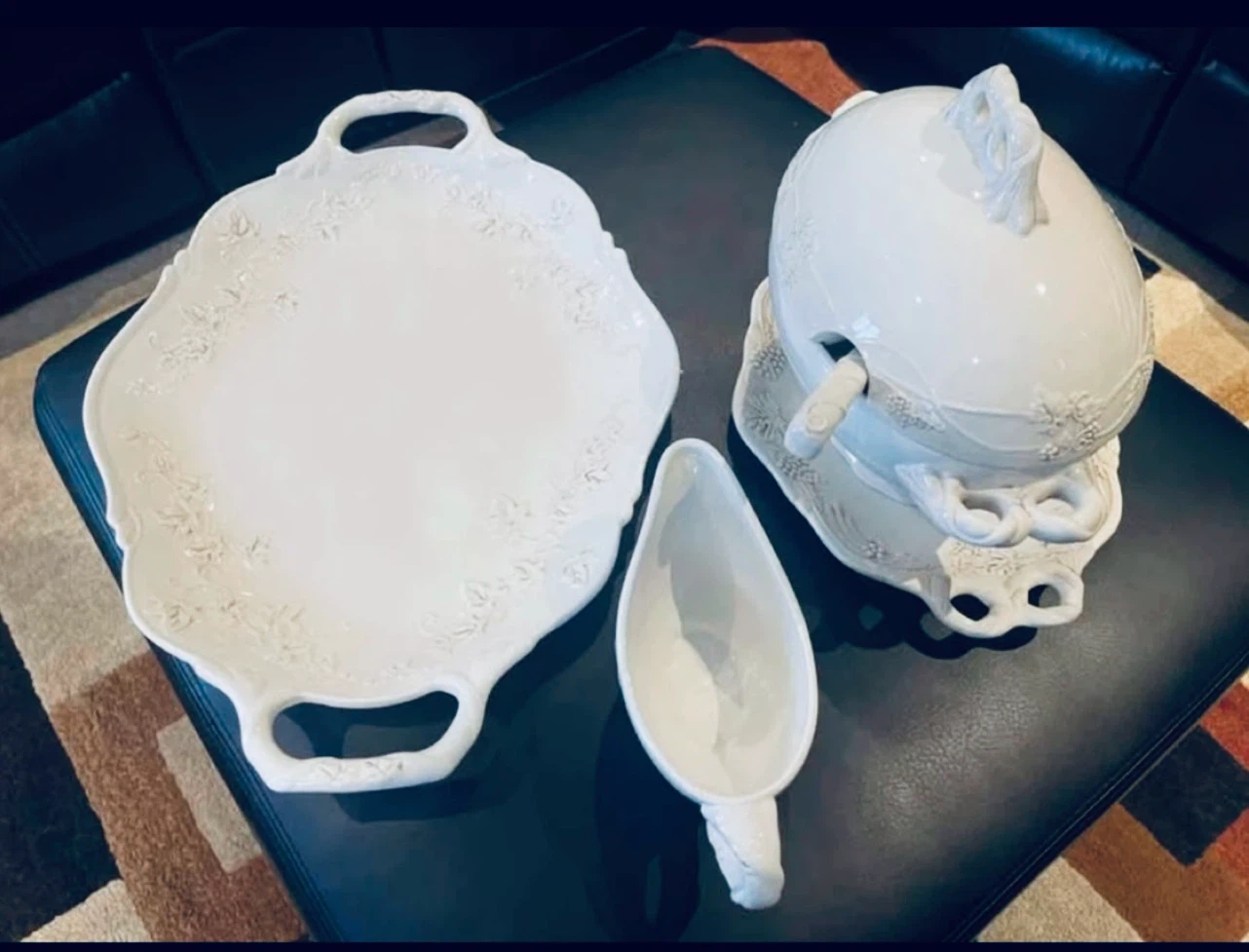 White Ceramic Serving Set - Tureen and Gravy Boat, large platter - photo 4
