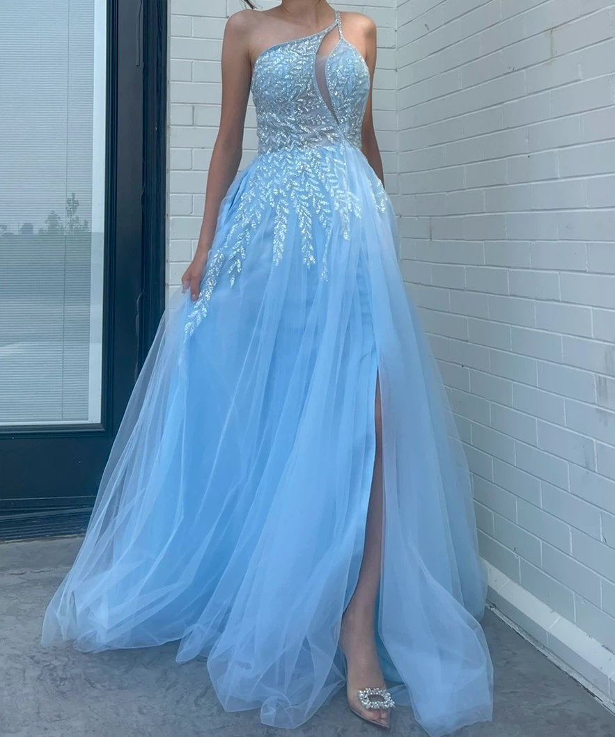 Light Blue Tulle One-Shoulder Prom Dress