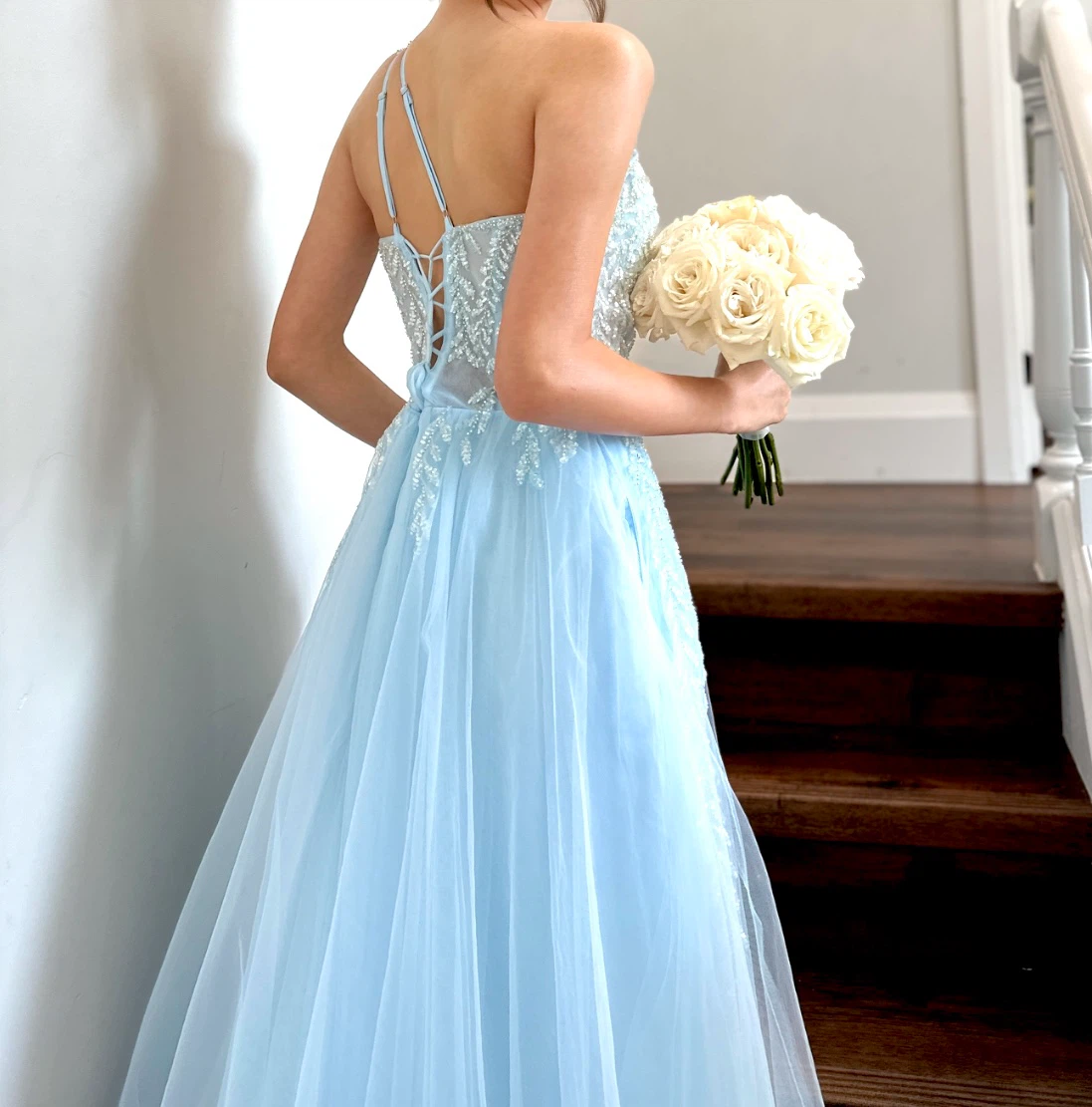 Light Blue Tulle One-Shoulder Prom Dress - photo 2