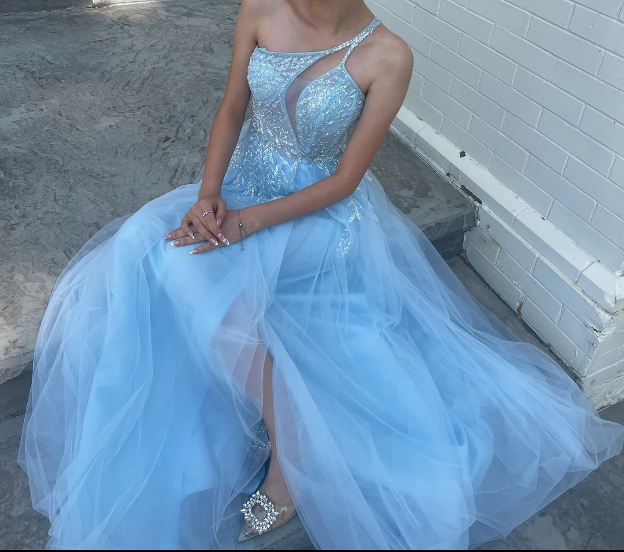 Light Blue Tulle One-Shoulder Prom Dress - photo 3