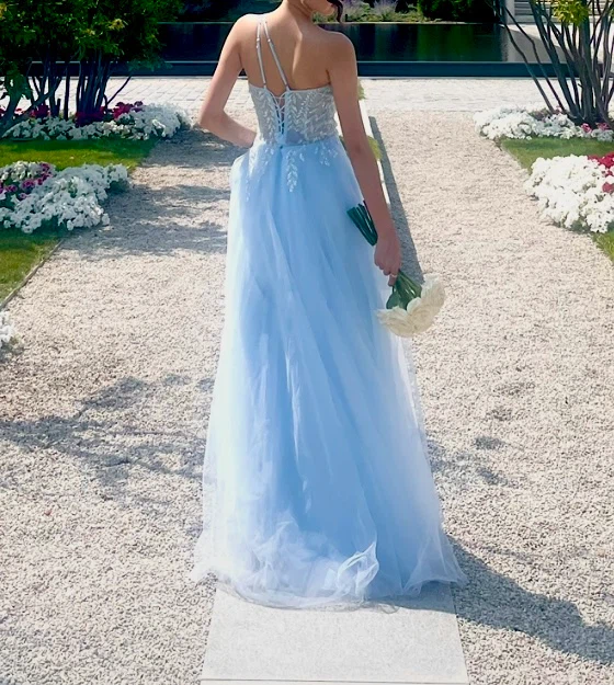 Light Blue Tulle One-Shoulder Prom Dress - photo 4