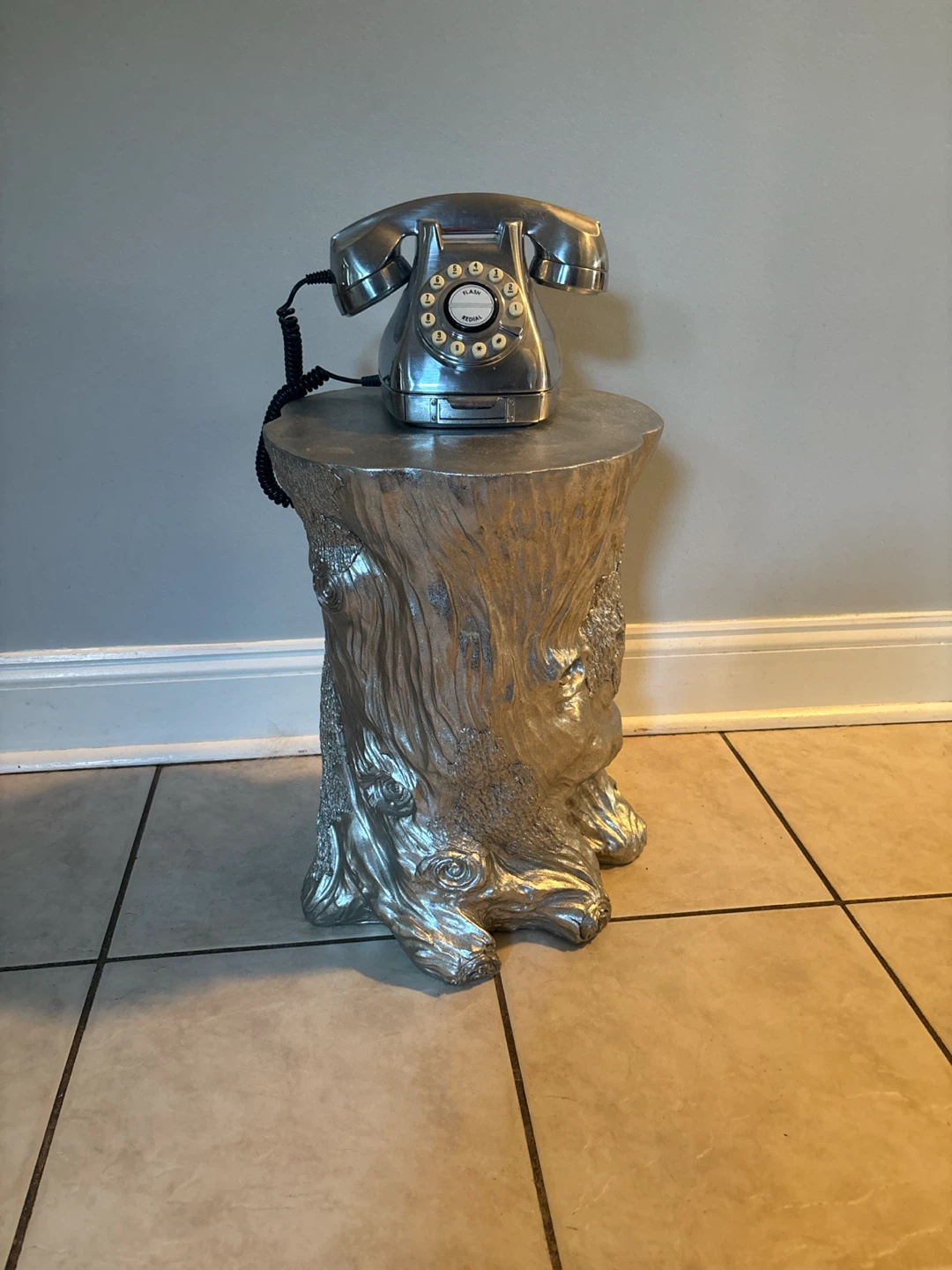 Vintage Rotary Phone and Tree Stump Side Table