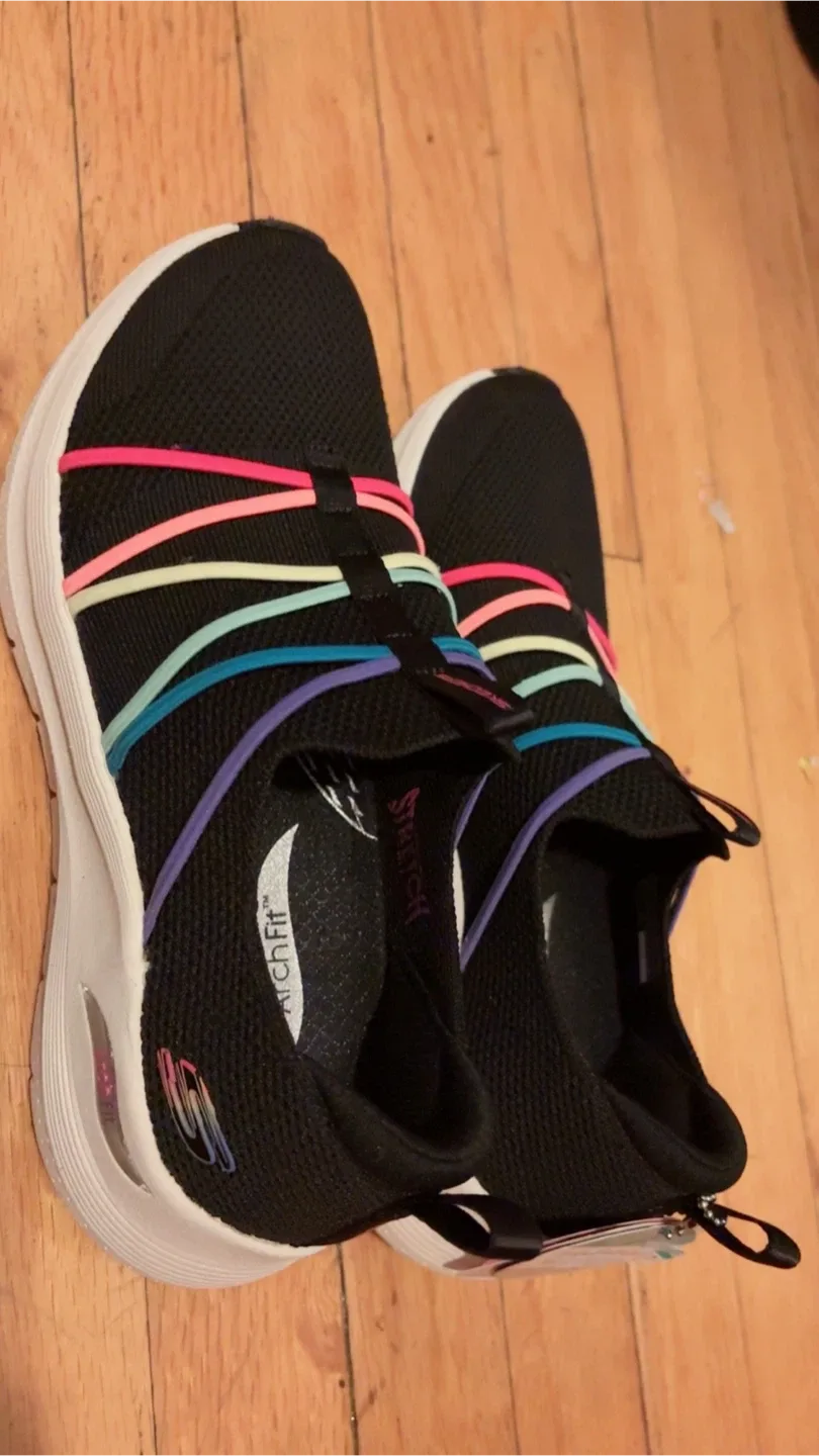Skechers Girls' Black Rainbow Stretchy Slip-On Sneakers