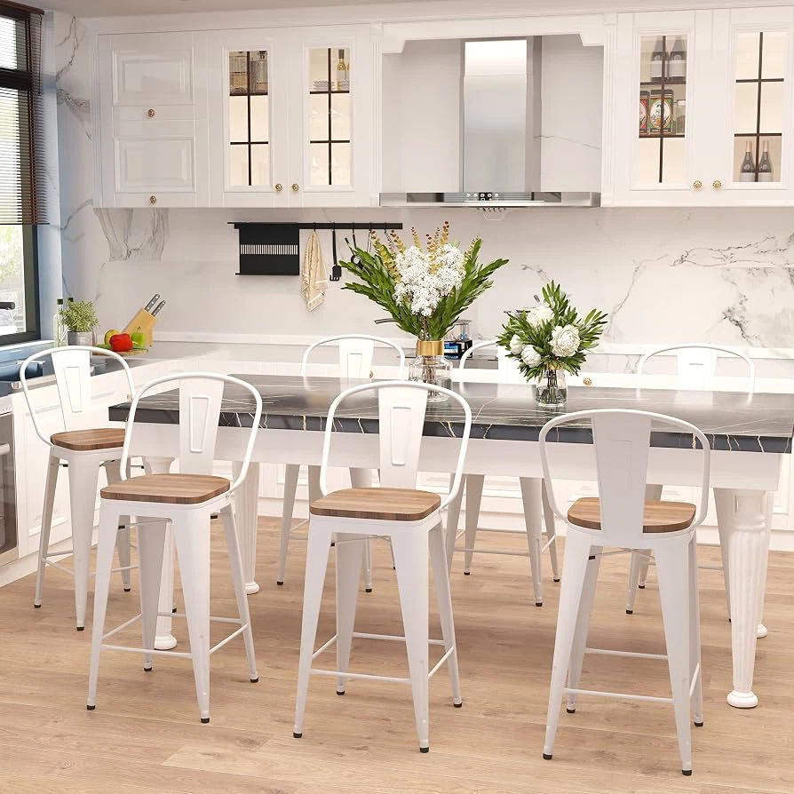 Set of 4 White Metal Bar Stools