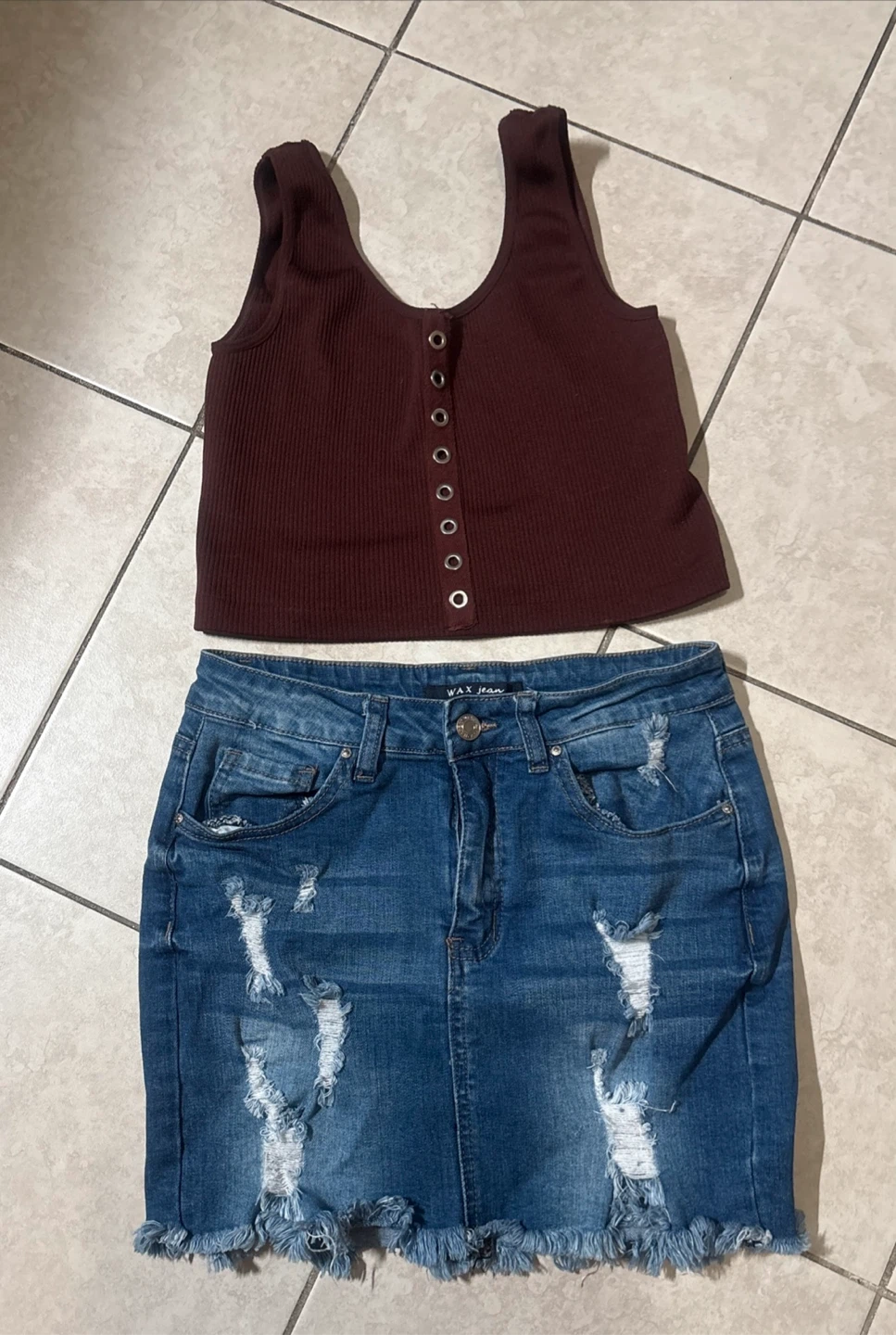 Maroon Ribbed Tank Top & Distressed Denim Skirt Set