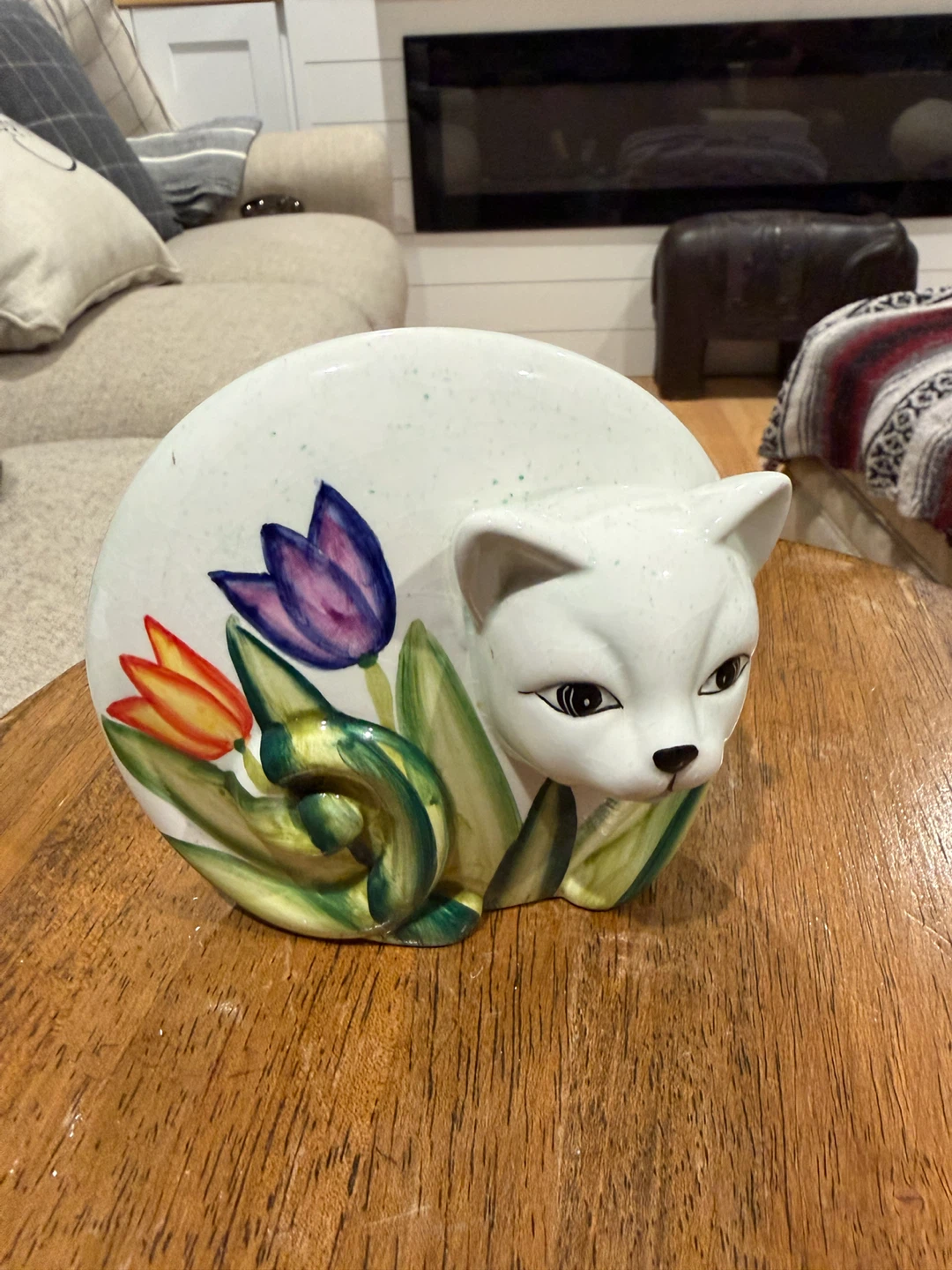 Ceramic Cat Figurine with Tulips