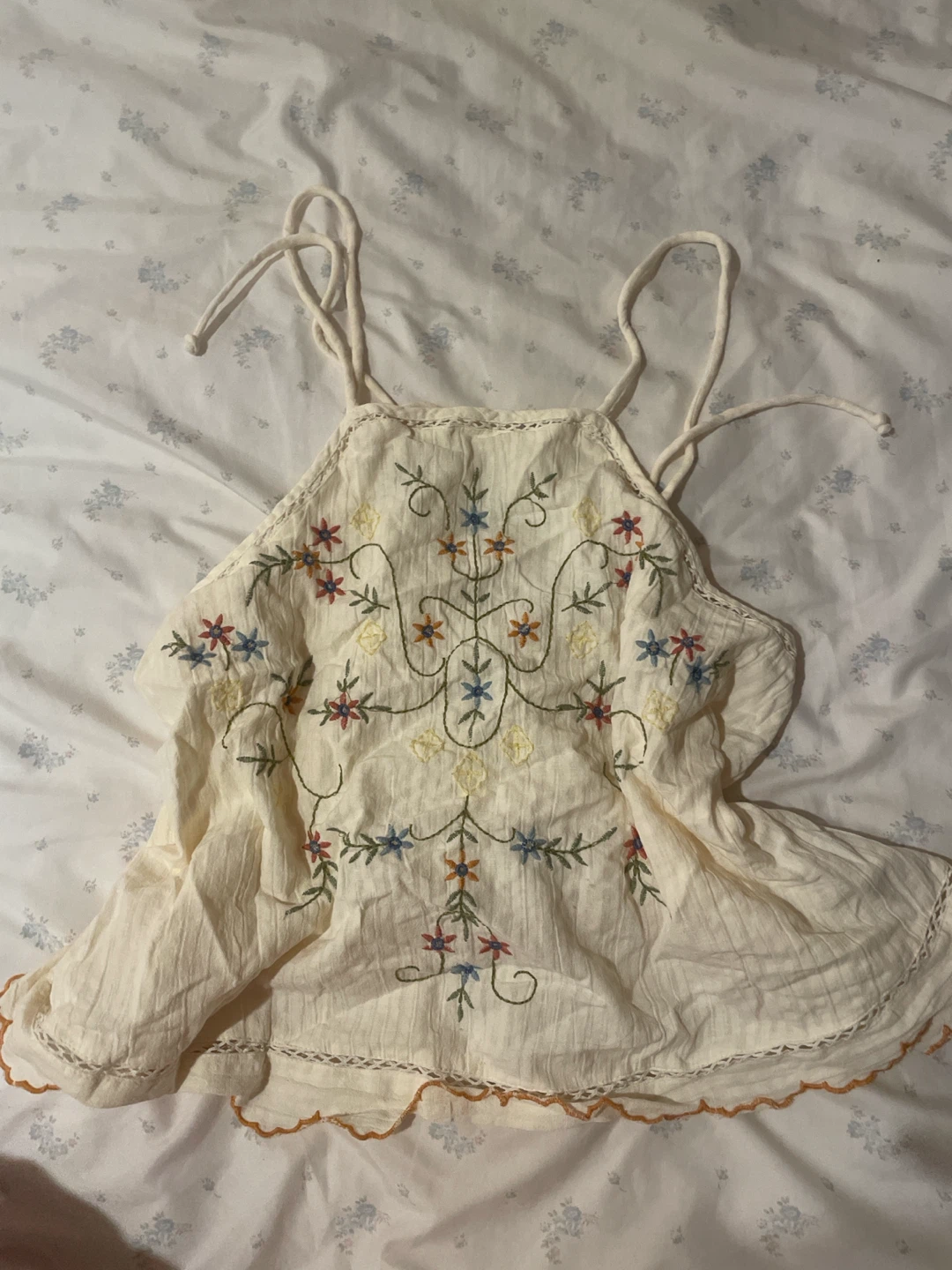 Embroidered halter top with tie straps American eagle