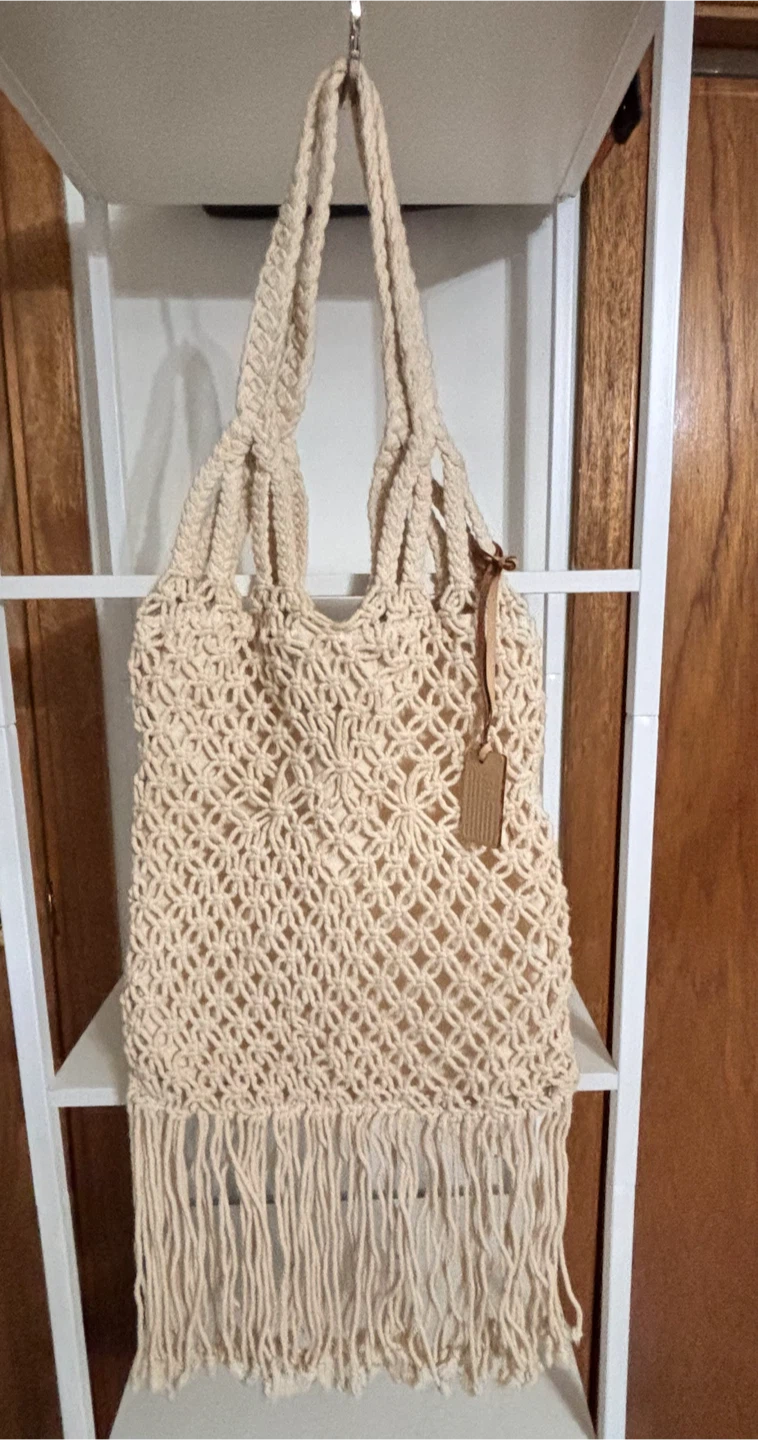 Ralph Lauren/ Polo Jean Cream Macrame Tote Bag with Fringe