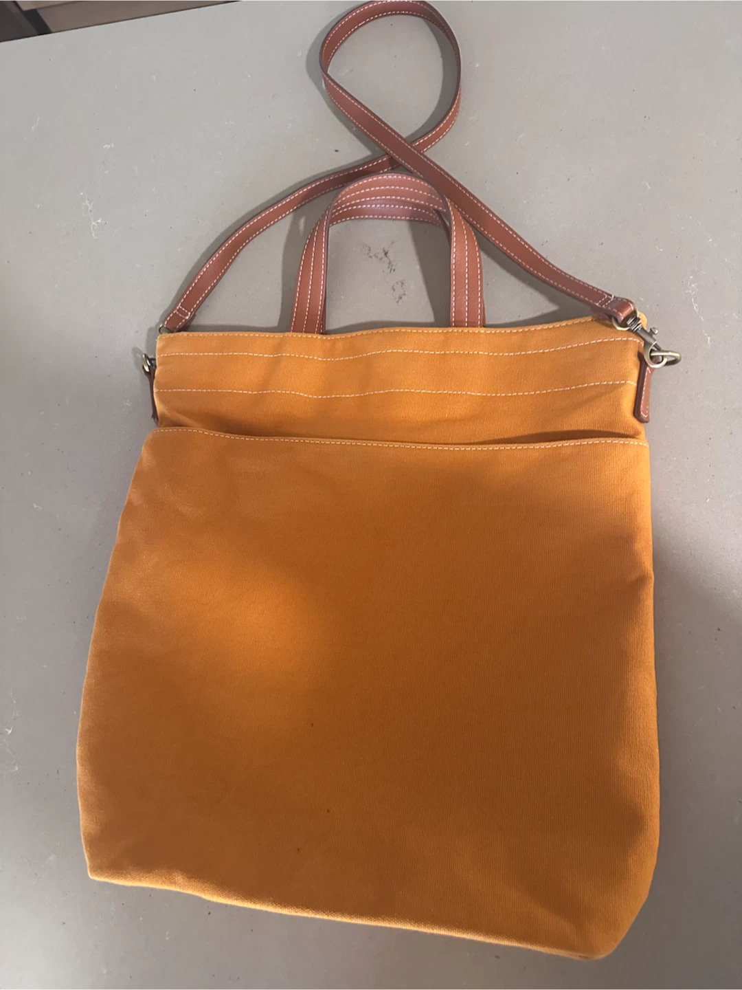 Orange Canvas Tote Bag with Leather Straps