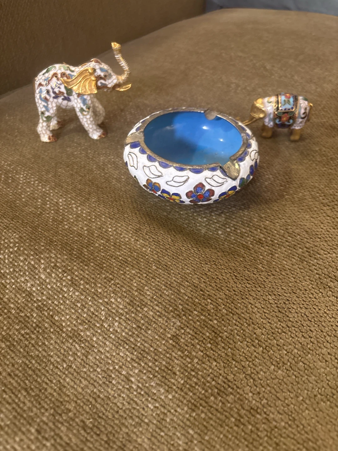 Cloisonné Ashtray and Elephant Figurines Set
