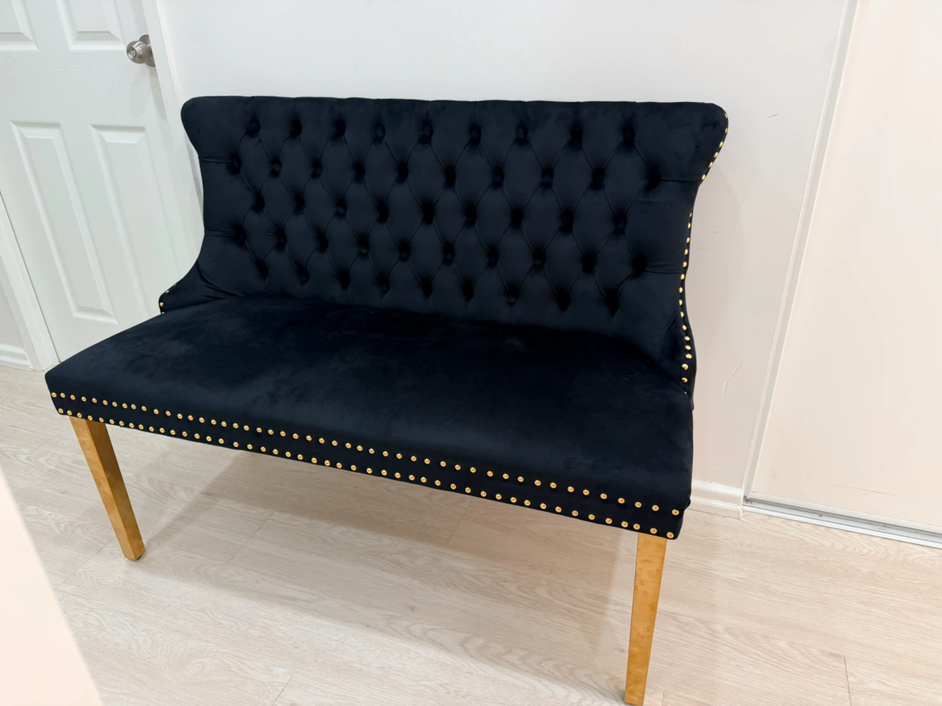 Black Tufted Bench with Gold Studs