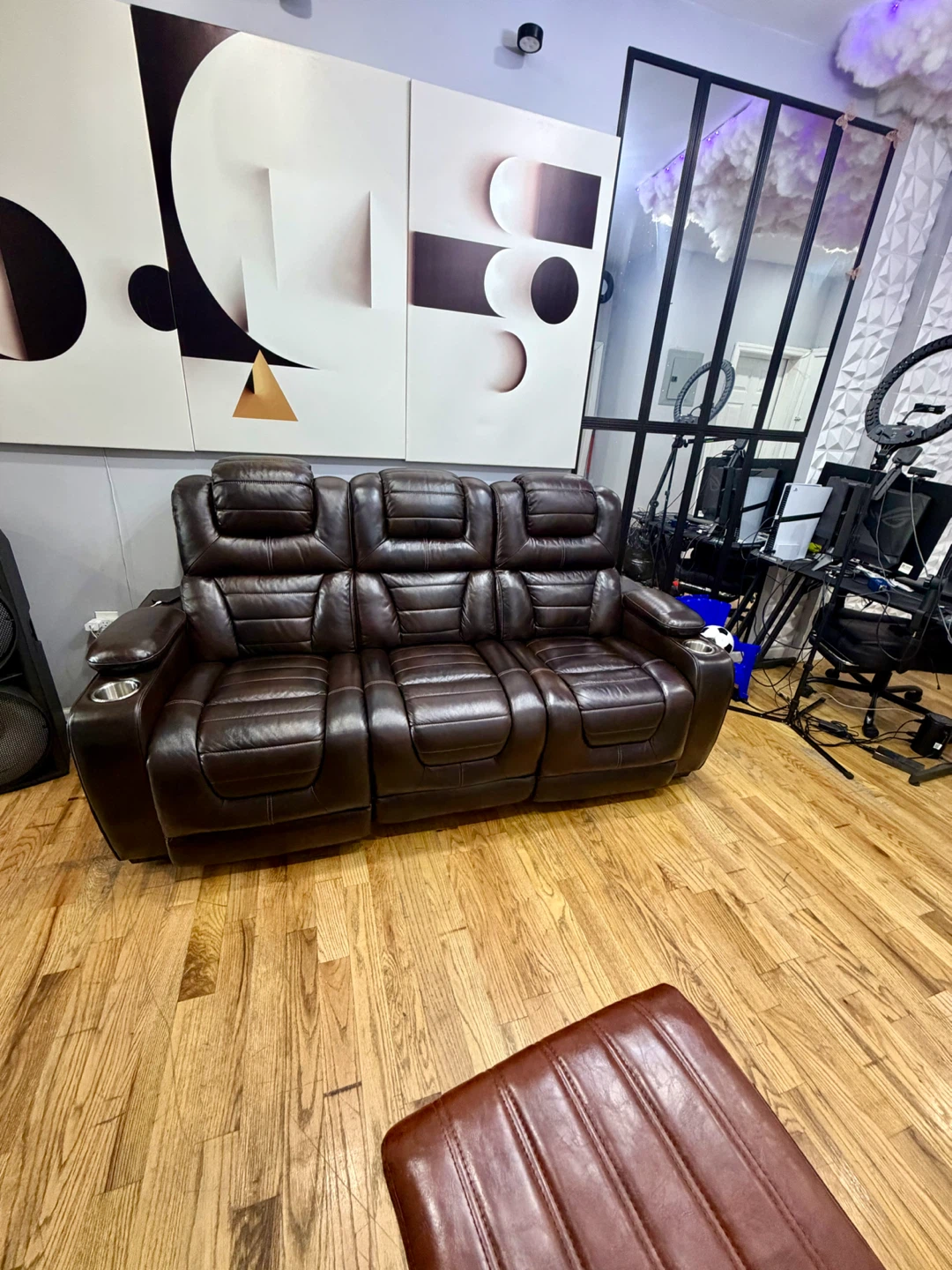 Brown Leather Reclining Sofa with Cup Holders