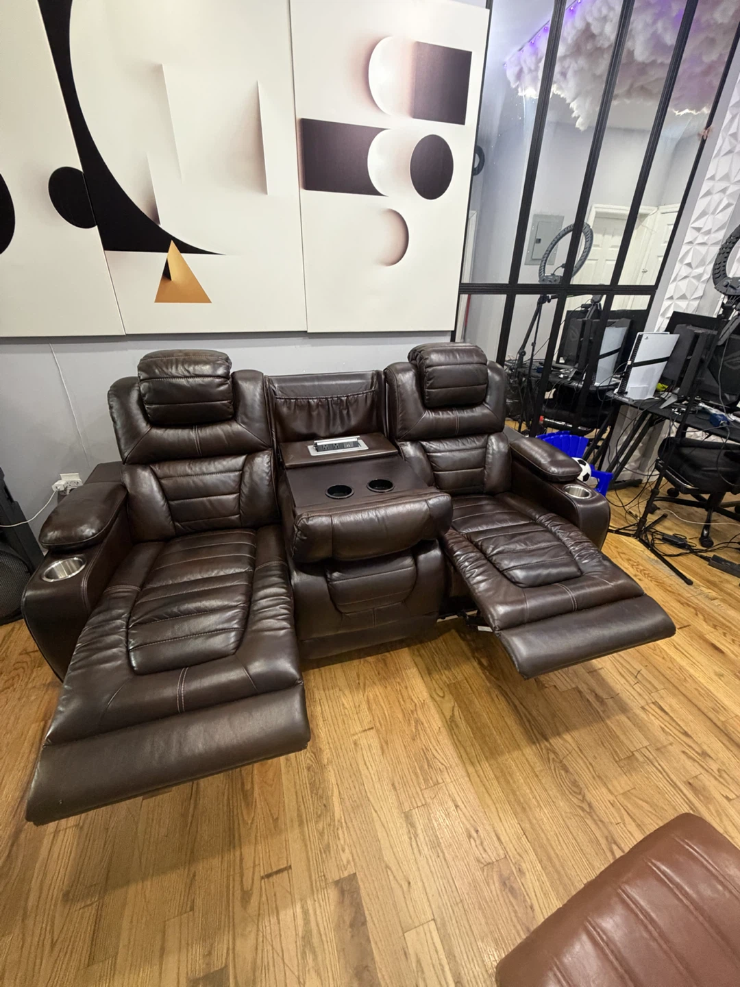 Brown Leather Reclining Sofa with Cup Holders - photo 2