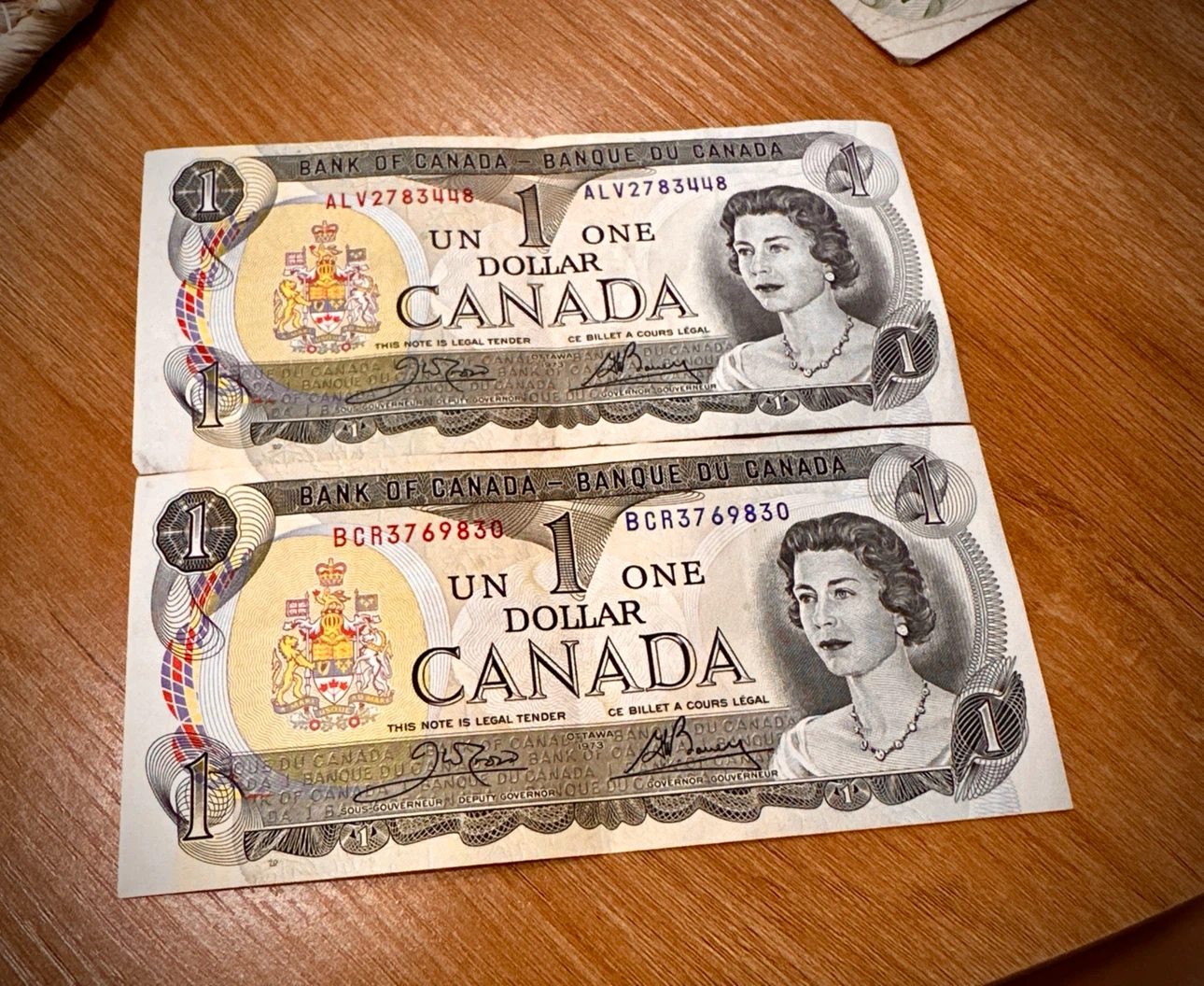 Two 1973 Canadian One Dollar Bills - Bank of Canada