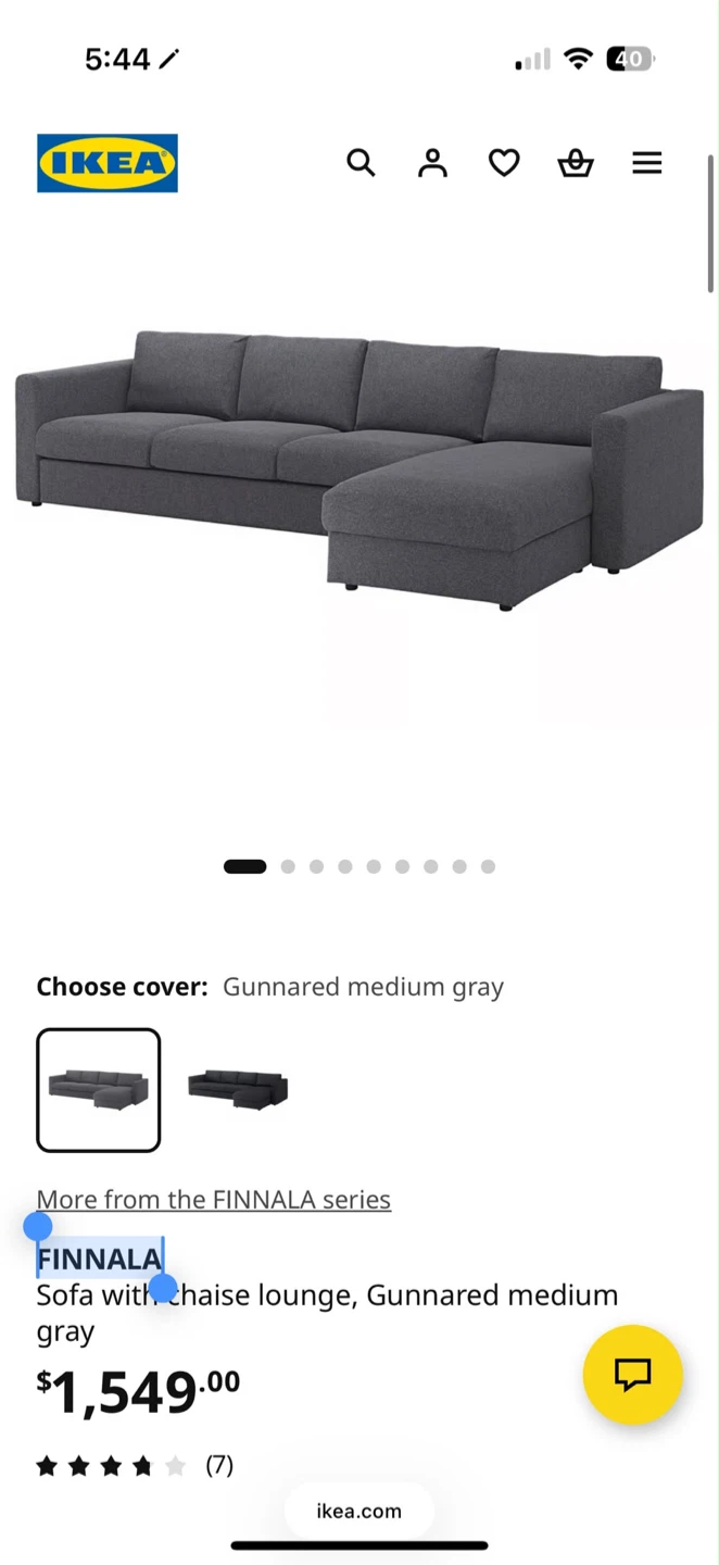 IKEA FINNALA 4-Seat Sectional Sofa – Grey – Excellent Condition