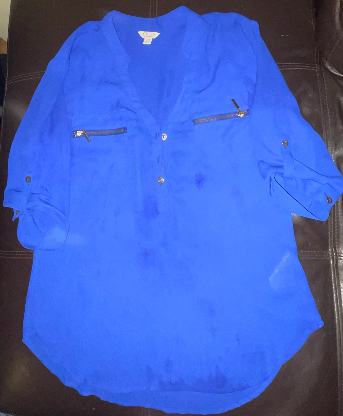 Guess Blue V-Neck Blouse with Zipper Pockets