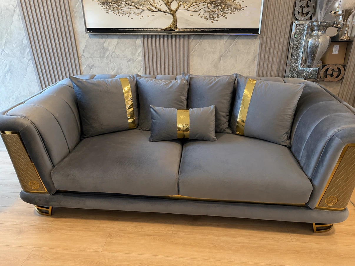 Grey Velvet Sofa with Gold Accents