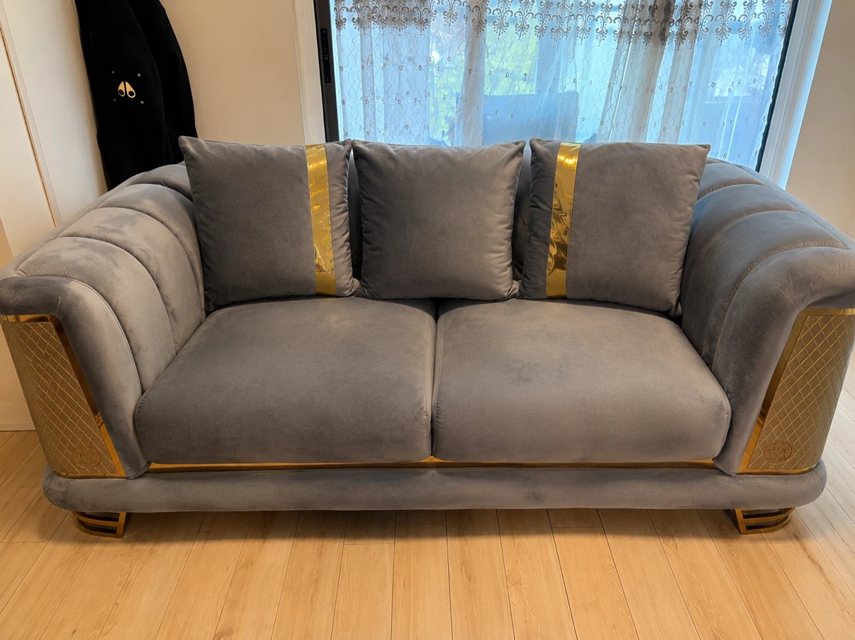 Grey Velvet Sofa with Gold Accents - photo 2